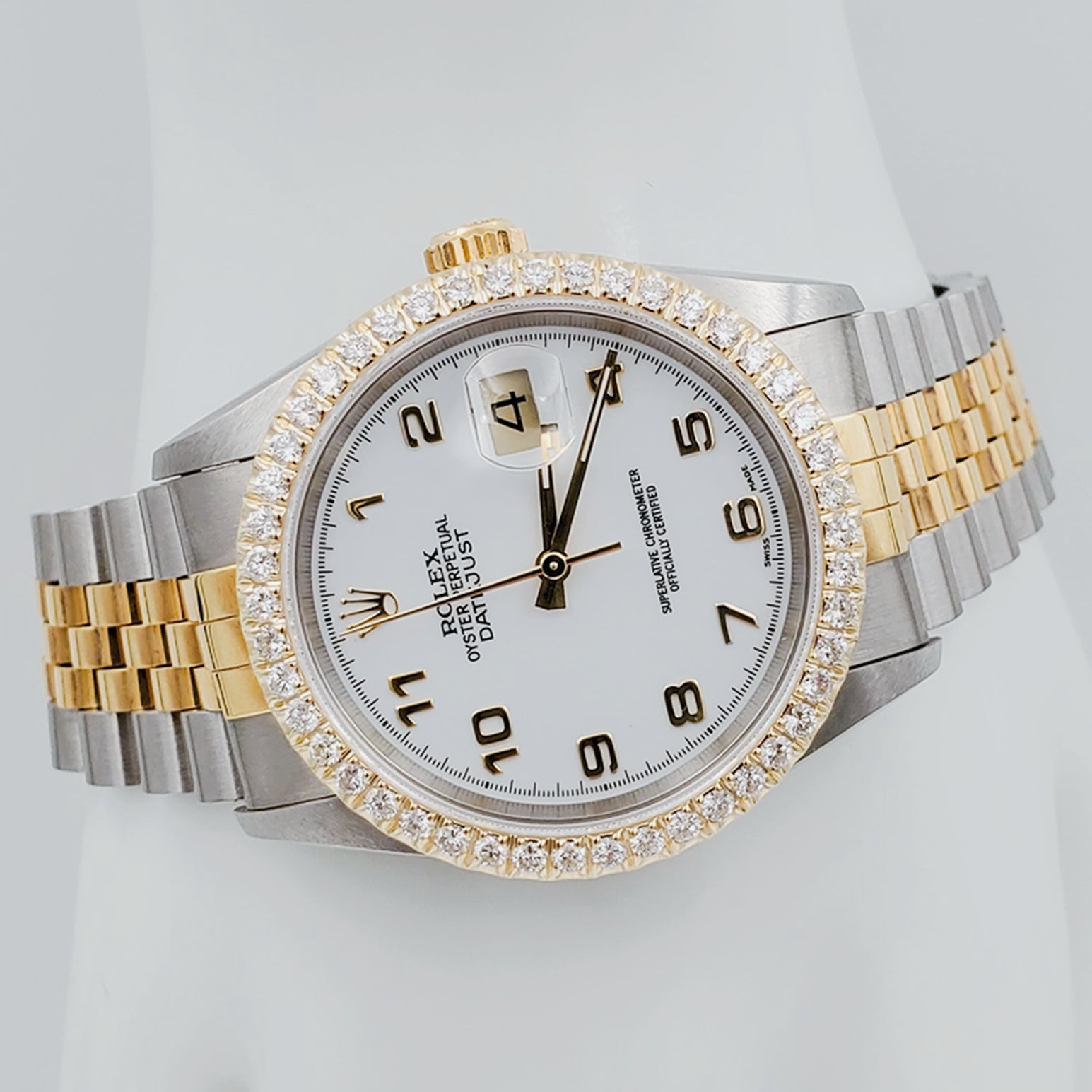 Men's Rolex 36mm DateJust 18K Gold / Stainless Steel Two Tone Watch with White Dial and 1.5 CT Custom Diamond Bezel. (NEW 16233)