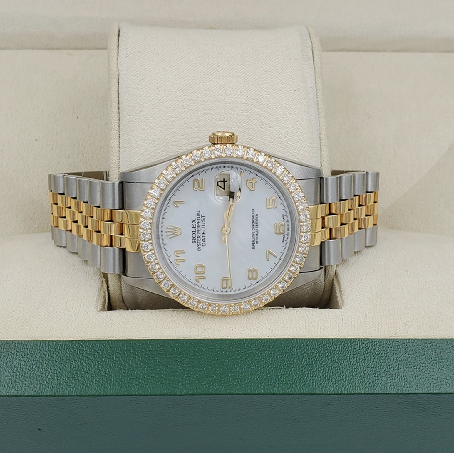 Men's Rolex 36mm DateJust 18K Gold / Stainless Steel Two Tone Watch with White Dial and 1.5 CT Custom Diamond Bezel. (NEW 16233)