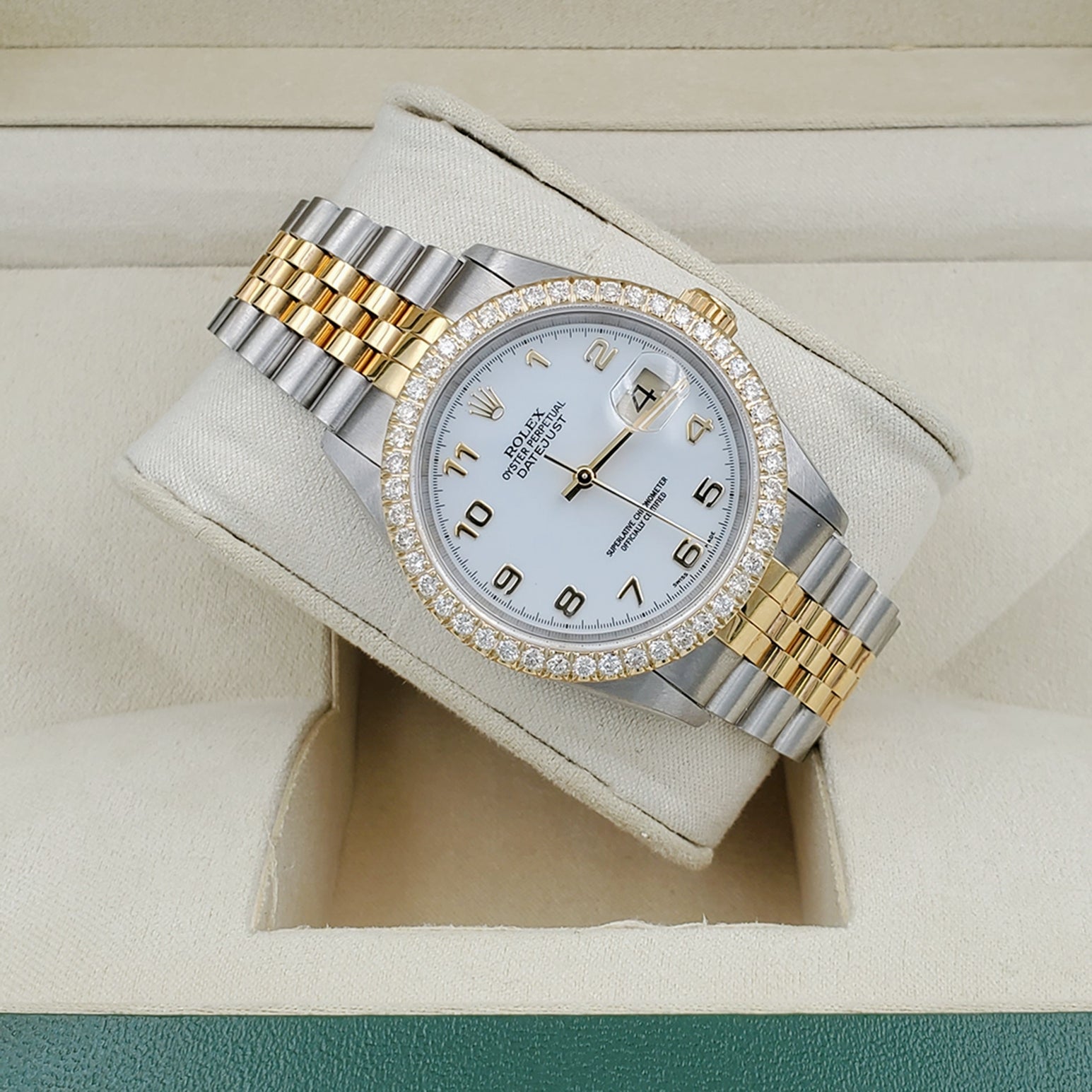 Men's Rolex 36mm DateJust 18K Gold / Stainless Steel Two Tone Watch with White Dial and 1.5 CT Custom Diamond Bezel. (NEW 16233)