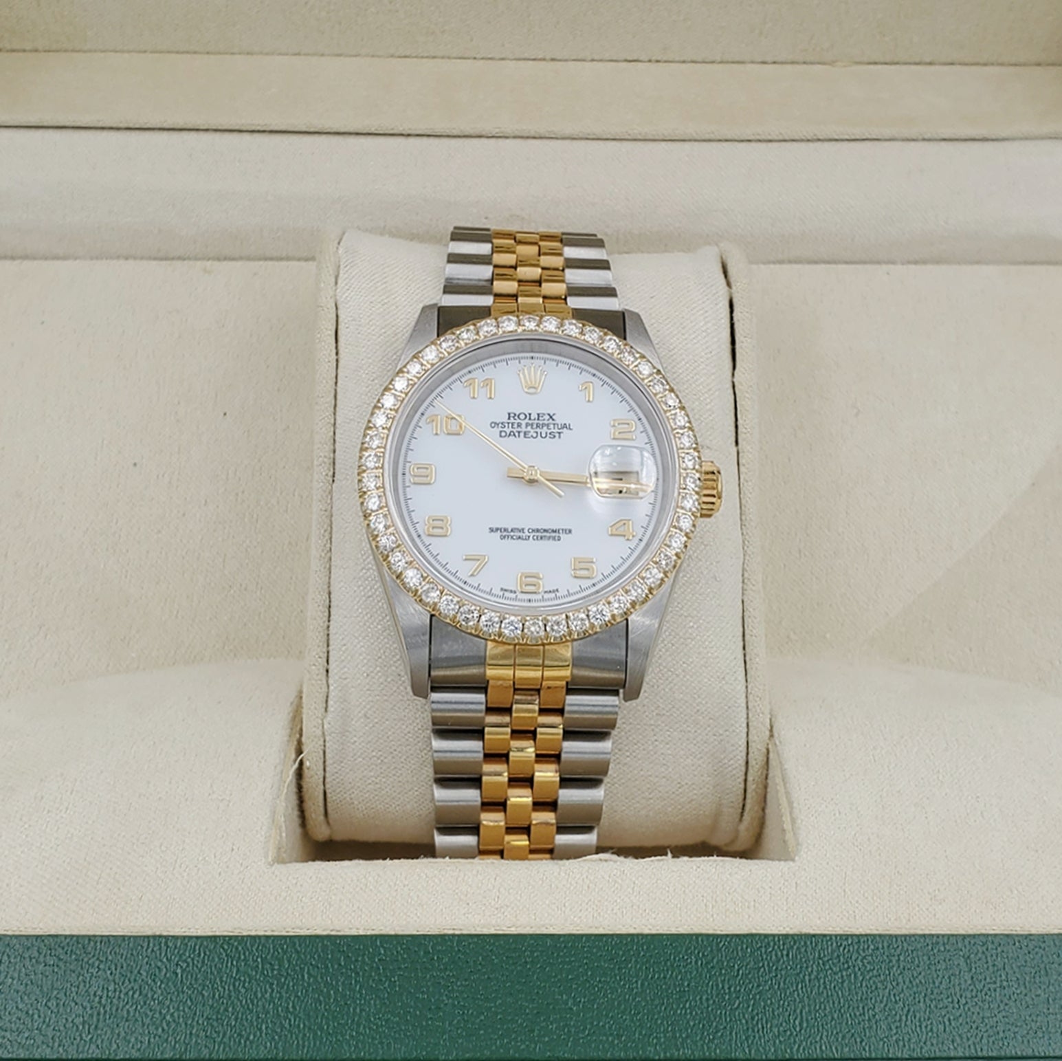 Men's Rolex 36mm DateJust 18K Gold / Stainless Steel Two Tone Watch with White Dial and 1.5 CT Custom Diamond Bezel. (NEW 16233)