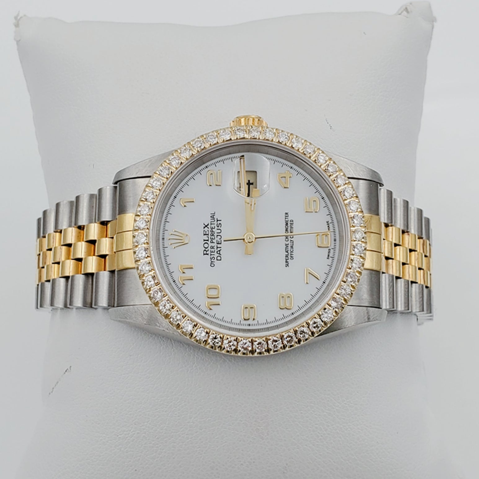 Men's Rolex 36mm DateJust 18K Gold / Stainless Steel Two Tone Watch with White Dial and 1.5 CT Custom Diamond Bezel. (NEW 16233)