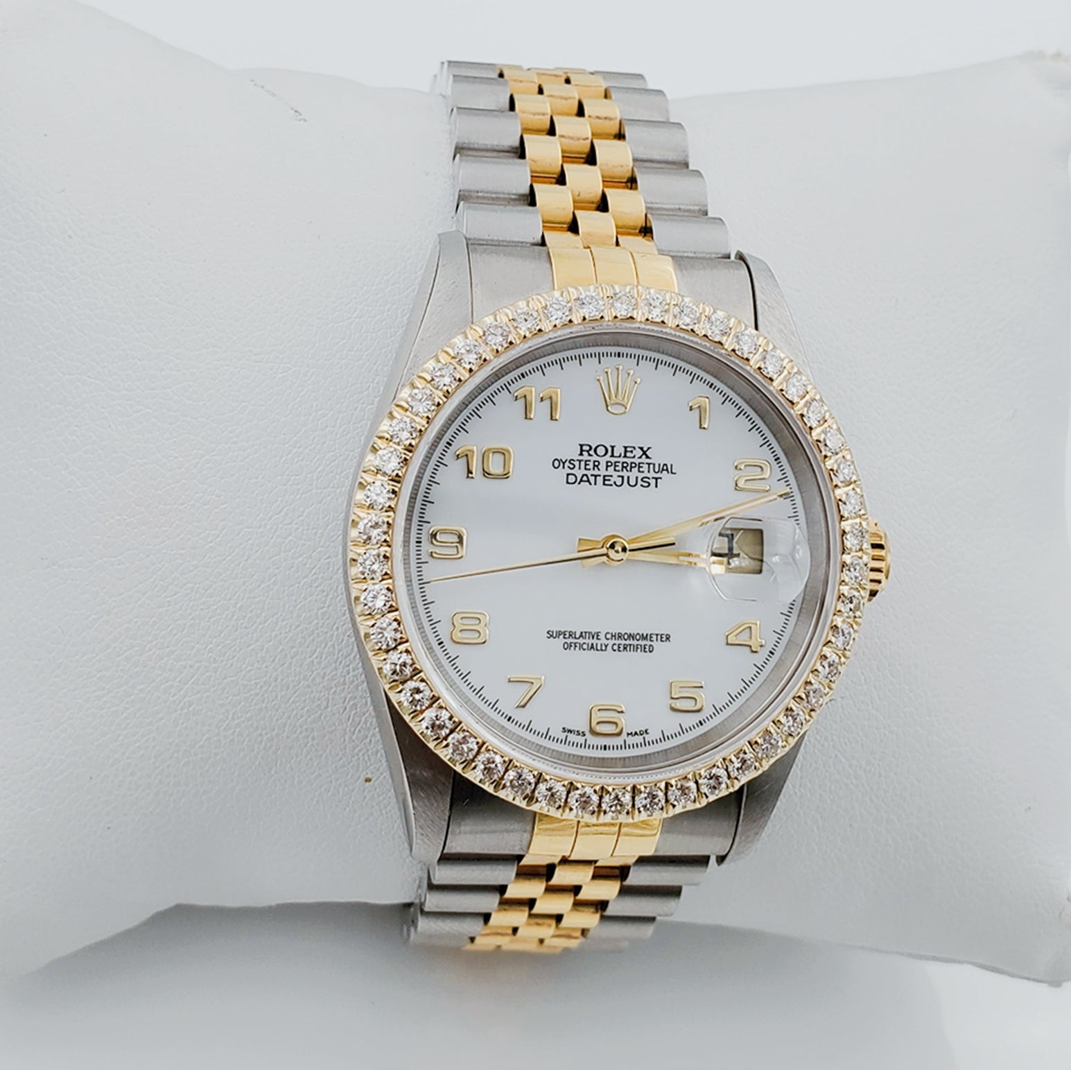 Men's Rolex 36mm DateJust 18K Gold / Stainless Steel Two Tone Watch with White Dial and 1.5 CT Custom Diamond Bezel. (NEW 16233)