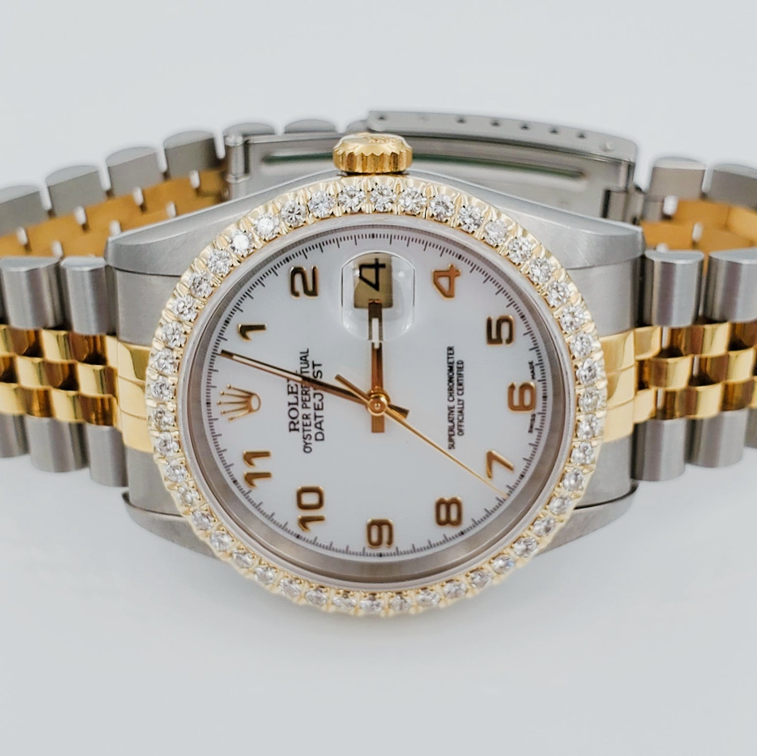 Men's Rolex 36mm DateJust 18K Gold / Stainless Steel Two Tone Watch with White Dial and 1.5 CT Custom Diamond Bezel. (NEW 16233)