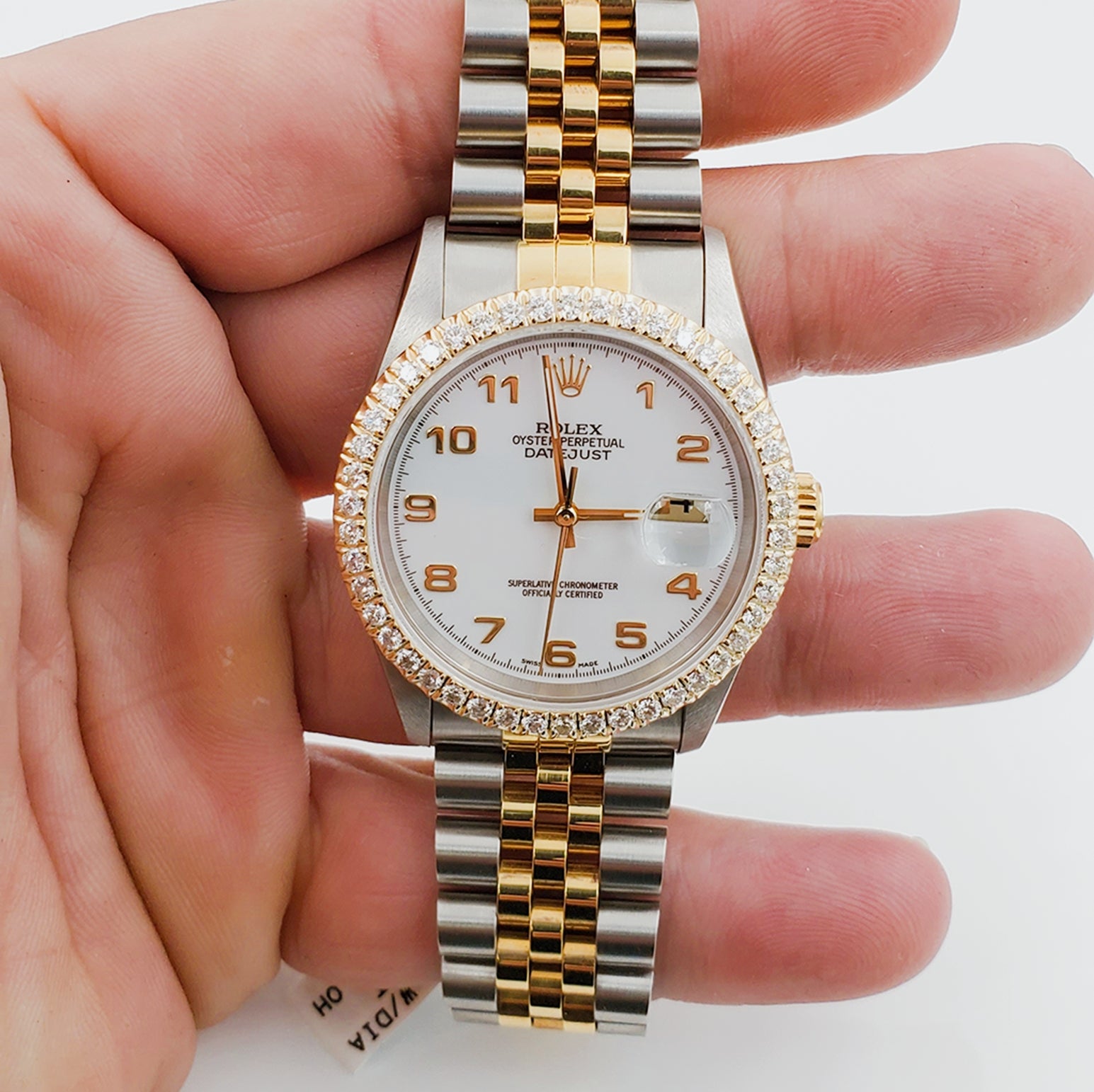 Men's Rolex 36mm DateJust 18K Gold / Stainless Steel Two Tone Watch with White Dial and 1.5 CT Custom Diamond Bezel. (NEW 16233)