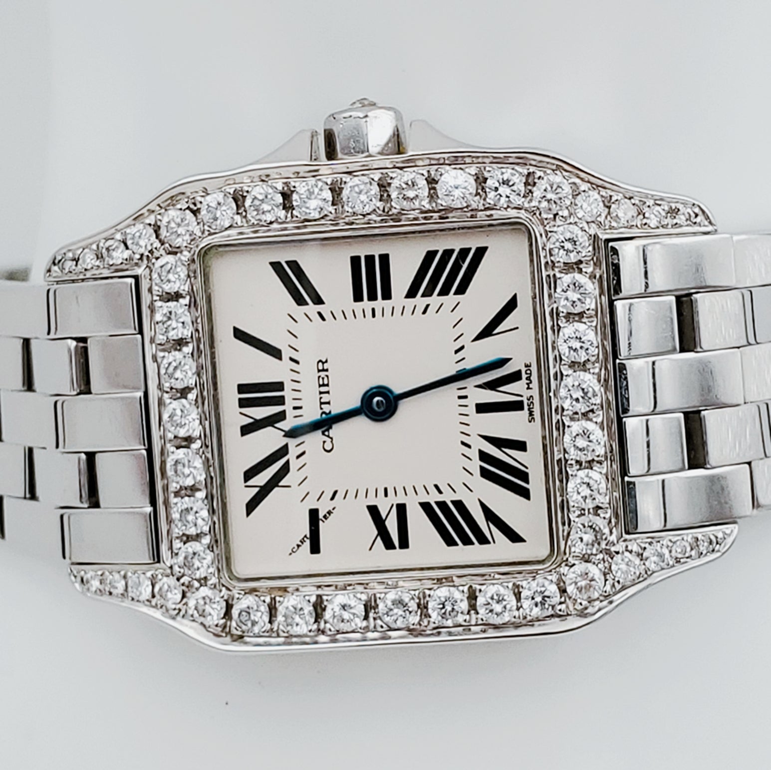 Ladies Medium Cartier Panthere Watch with 1.00 CT Custom Diamond Bezel and Lugs In Polished Finish. (Pre-Owned W25065Z5)