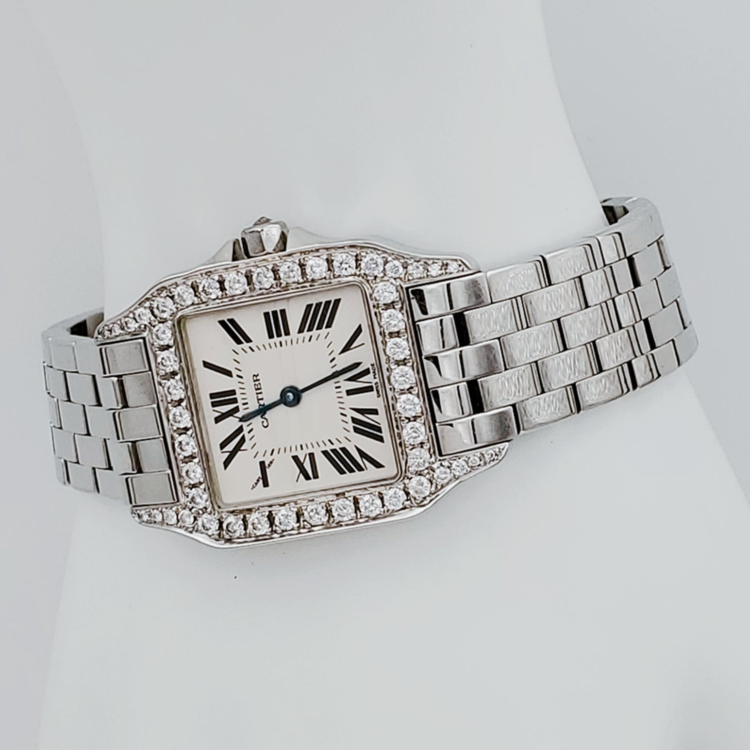 Ladies Medium Cartier Panthere Watch with 1.00 CT Custom Diamond Bezel and Lugs In Polished Finish. (Pre-Owned W25065Z5)