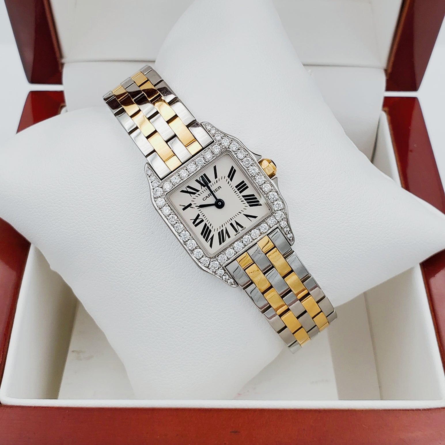 Ladies Small Cartier Santos Demoiselle 18K Yellow Gold / Stainless Steel Watch with Custom Diamond Bezel & Lugs. (Pre-Owned)