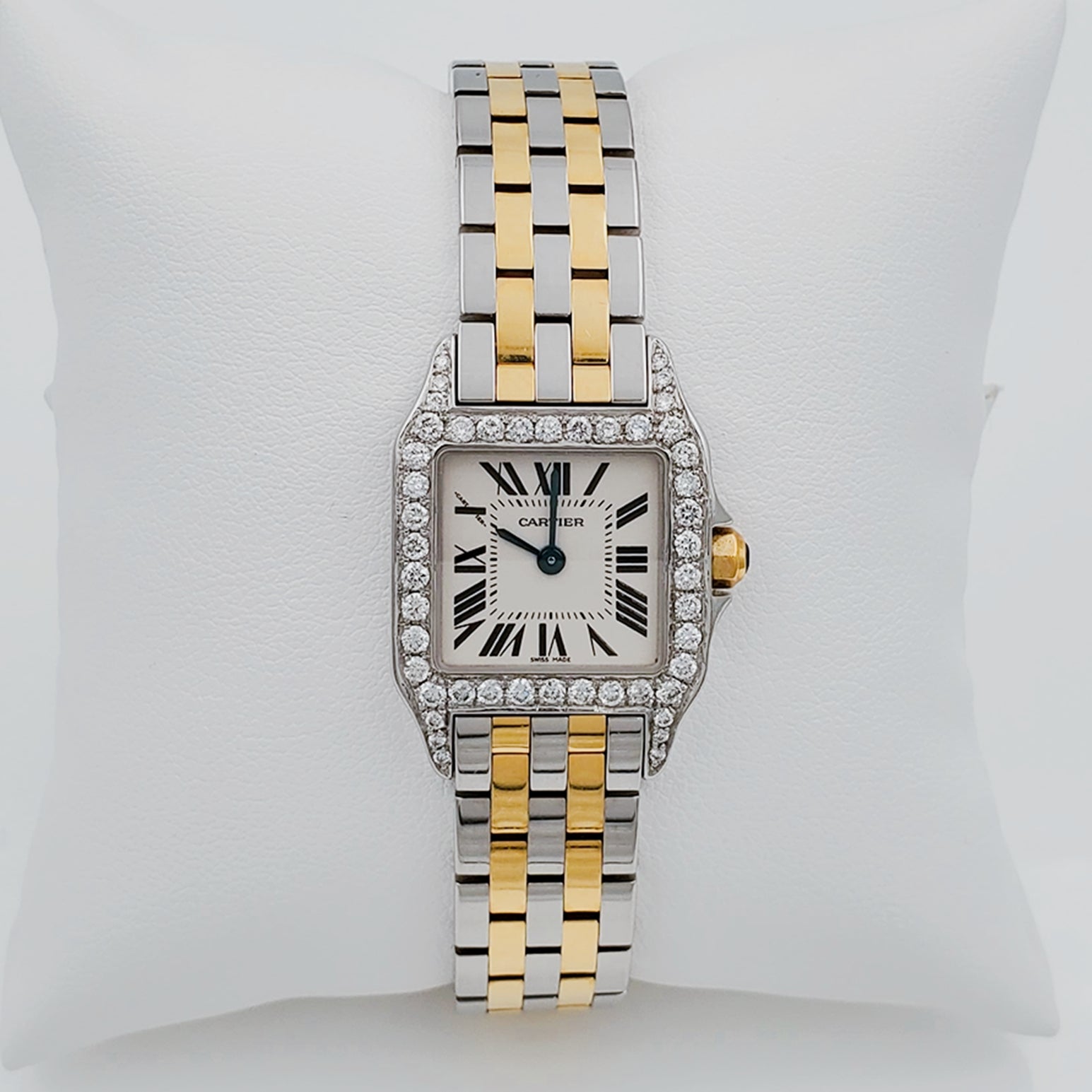 Ladies Small Cartier Santos Demoiselle 18K Yellow Gold / Stainless Steel Watch with Custom Diamond Bezel & Lugs. (Pre-Owned)