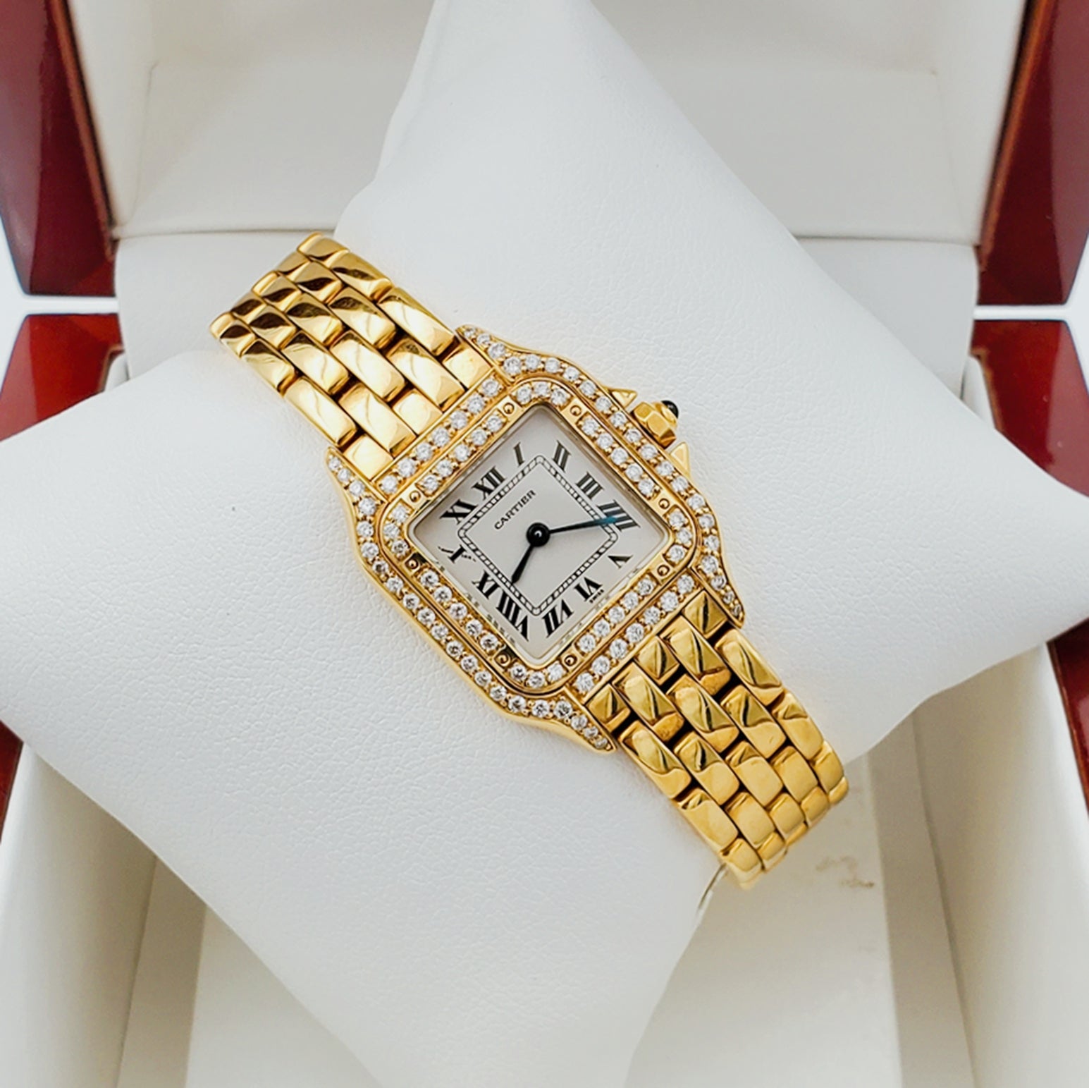 Ladies Small Cartier Panthere Polished 18K Solid Yellow Gold Watch with Custom Diamond Bezel. (Pre-Owned)