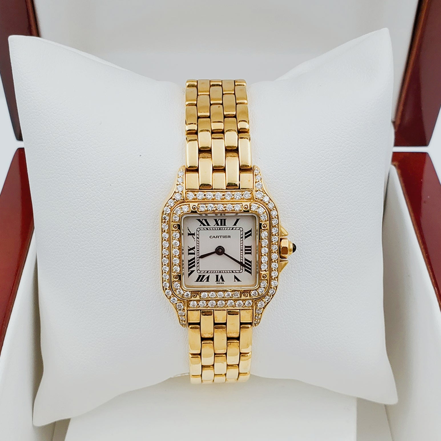 Ladies Small Cartier Panthere Polished 18K Solid Yellow Gold Watch with Custom Diamond Bezel. (Pre-Owned)