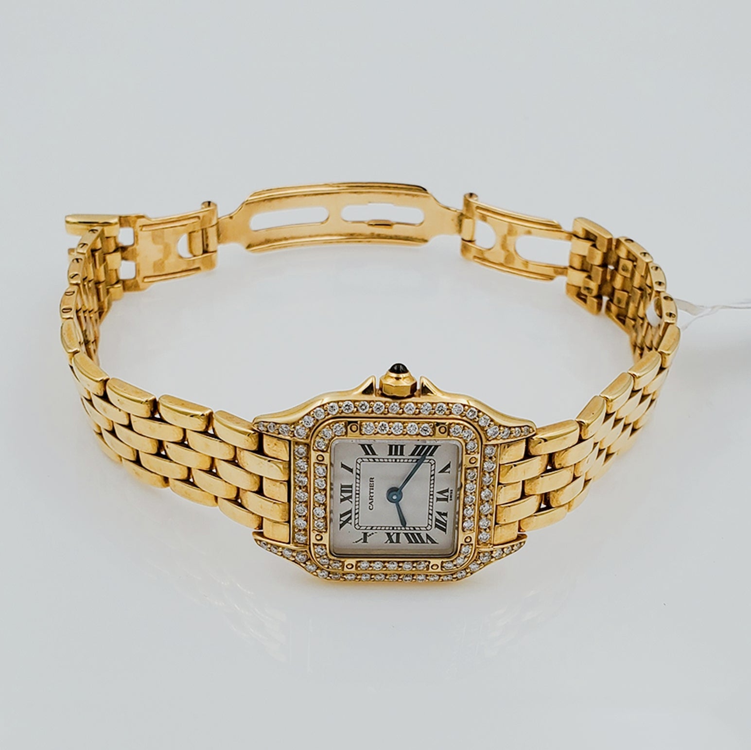 Ladies Small Cartier Panthere Polished 18K Solid Yellow Gold Watch with Custom Diamond Bezel. (Pre-Owned)