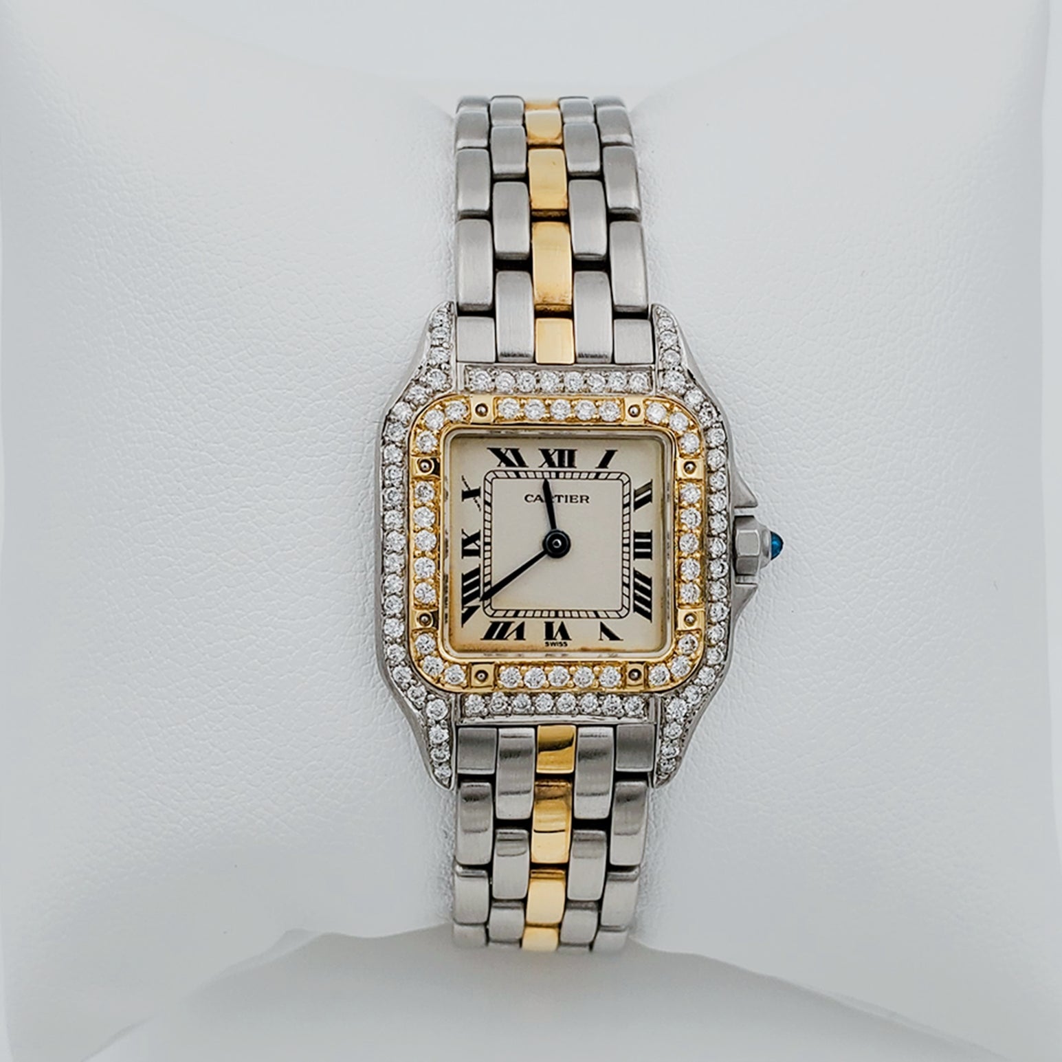 Ladies Small Cartier Panthere 22mm x 30mm Watch in 18K Yellow Gold / Stainless Steel with Diamond Bezel and White Dial. (Pre-Owned)