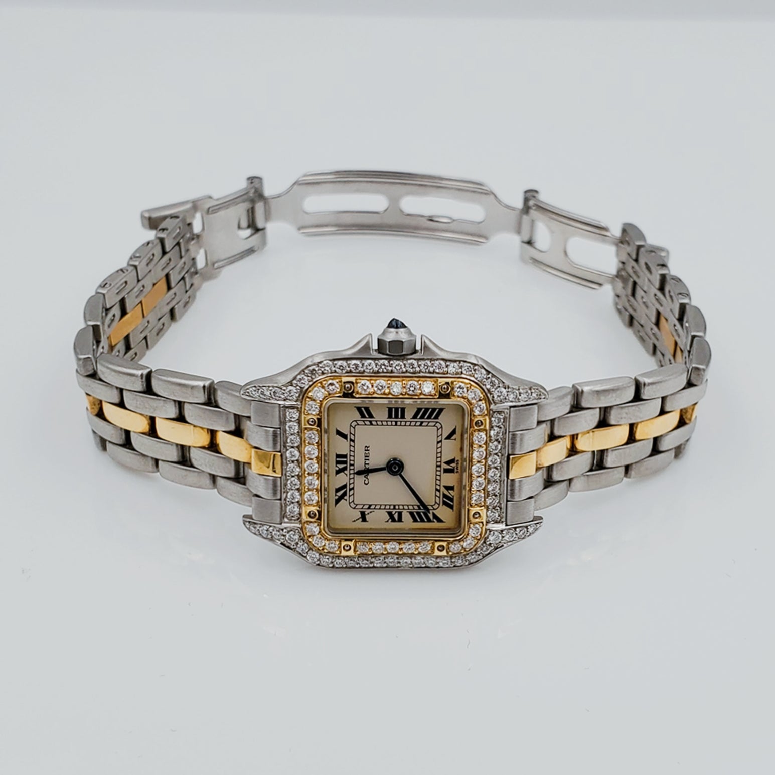 Ladies Small Cartier Panthere 22mm x 30mm Watch in 18K Yellow Gold / Stainless Steel with Diamond Bezel and White Dial. (Pre-Owned)