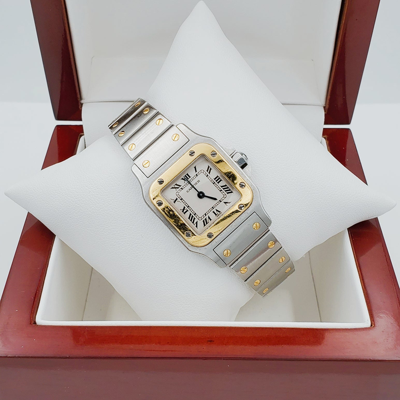 Ladies Medium Cartier Santos Watch in 18K Yellow Gold and Stainless Steel with White Dial. (Pre-Owned)