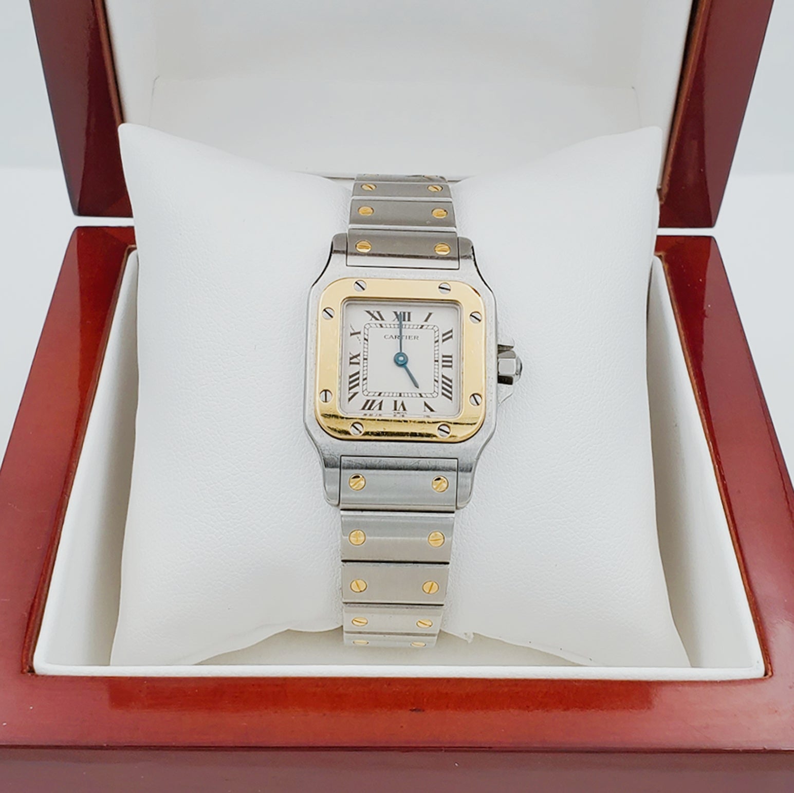 Ladies Medium Cartier Santos Watch in 18K Yellow Gold and Stainless Steel with White Dial. (Pre-Owned)