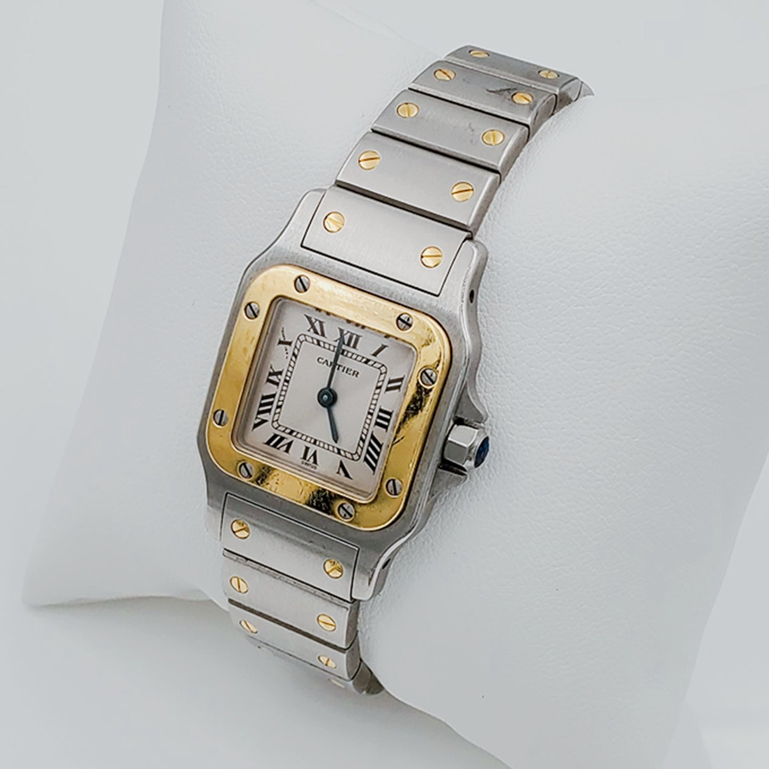 Ladies Medium Cartier Santos Watch in 18K Yellow Gold and Stainless Steel with White Dial. (Pre-Owned)