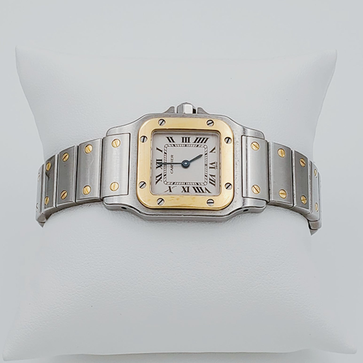 Ladies Medium Cartier Santos Watch in 18K Yellow Gold and Stainless Steel with White Dial. (Pre-Owned)