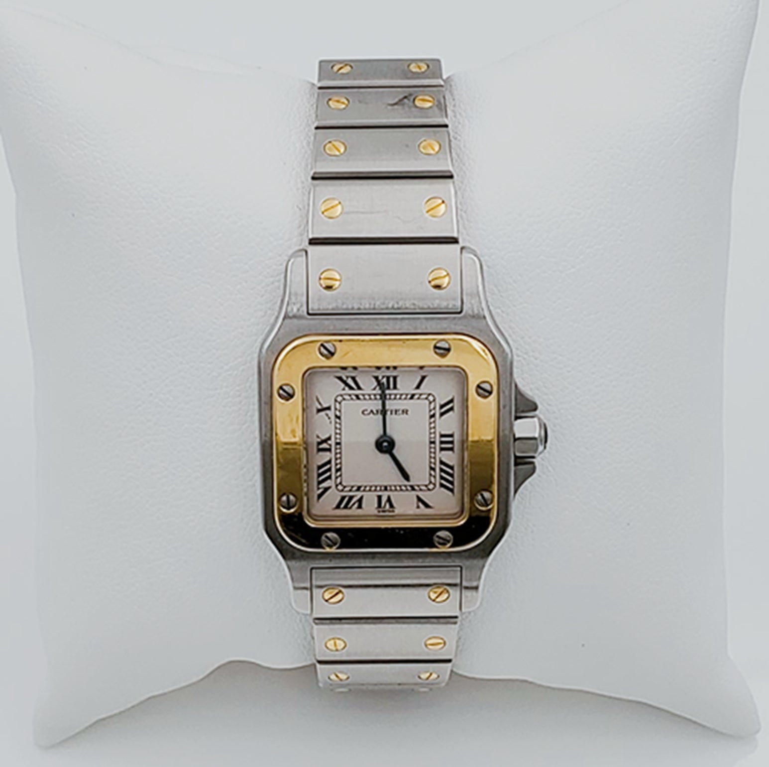 Ladies Medium Cartier Santos Watch in 18K Yellow Gold and Stainless Steel with White Dial. (Pre-Owned)