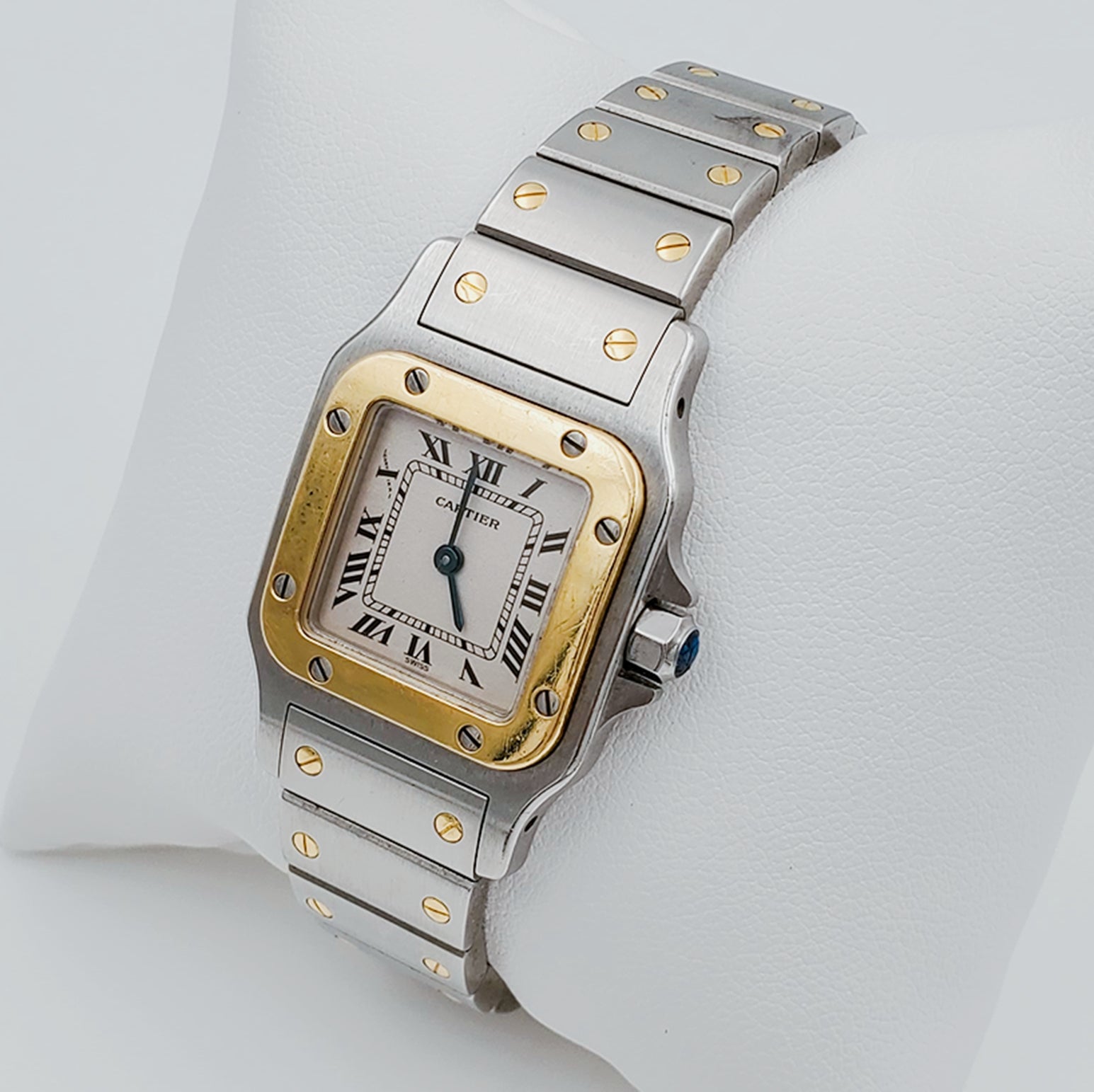 Ladies Medium Cartier Santos Watch in 18K Yellow Gold and Stainless Steel with White Dial. (Pre-Owned)