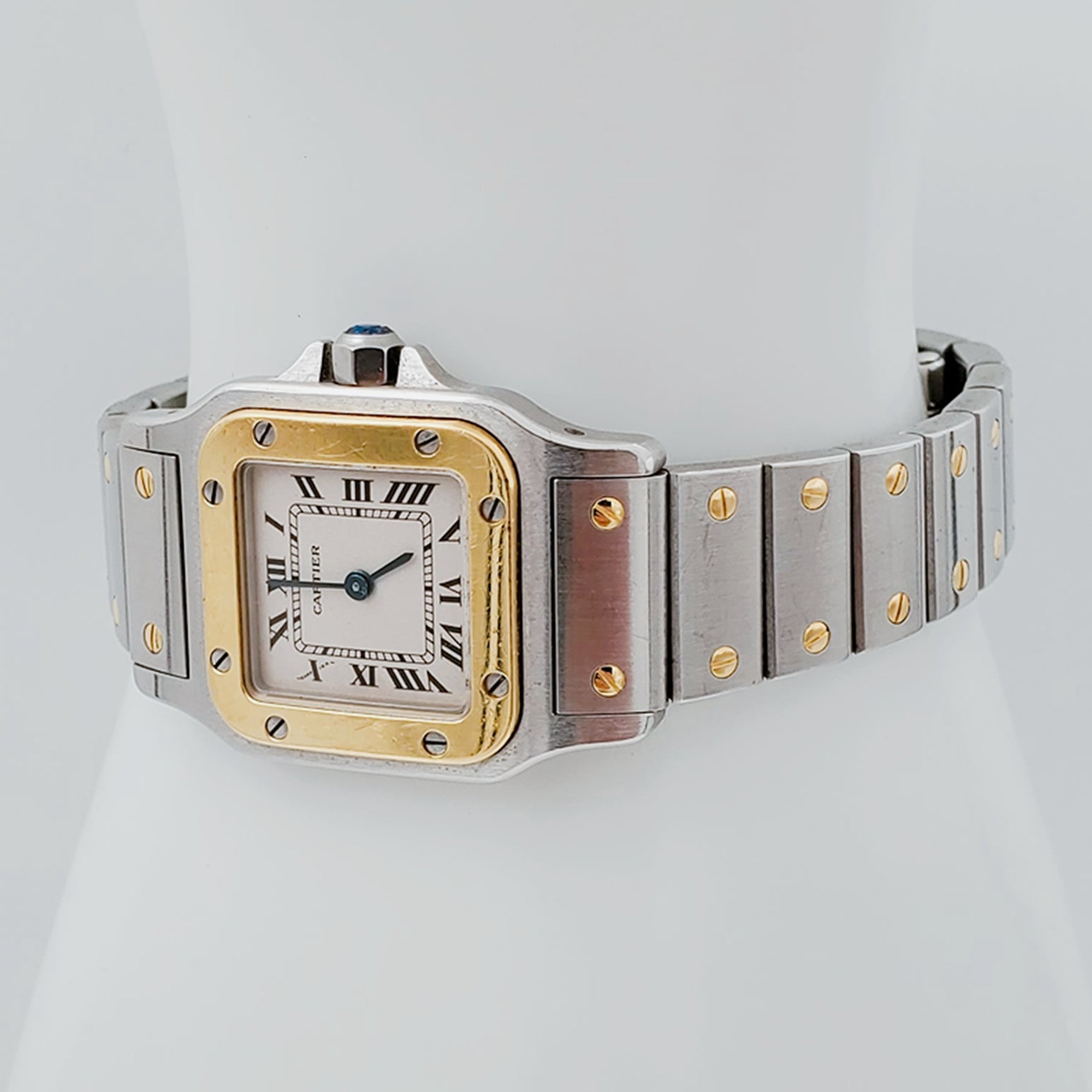 Ladies Medium Cartier Santos Watch in 18K Yellow Gold and Stainless Steel with White Dial. (Pre-Owned)