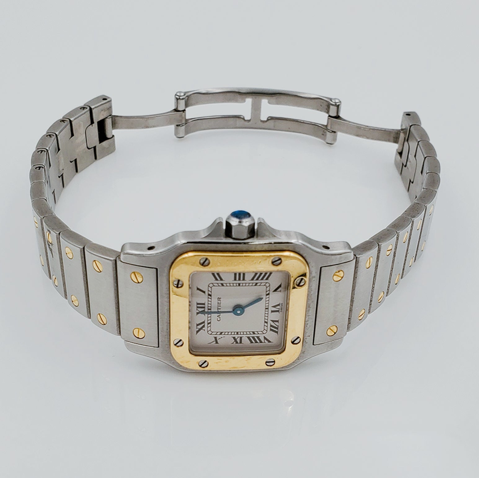 Ladies Medium Cartier Santos Watch in 18K Yellow Gold and Stainless Steel with White Dial. (Pre-Owned)