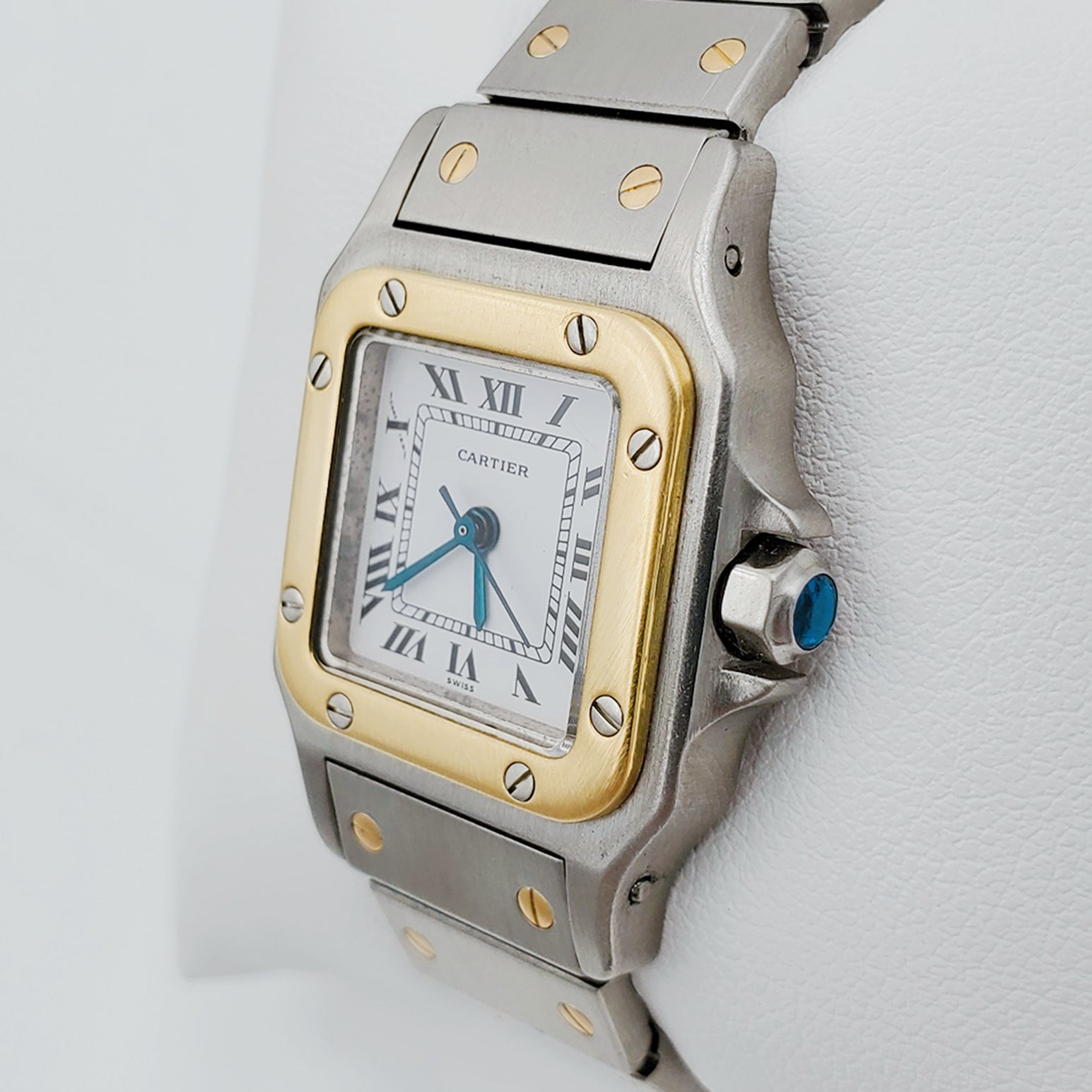 Ladies Medium Cartier Santos Watch in 18K Yellow Gold and Stainless Steel with White Dial. (Pre-Owned)