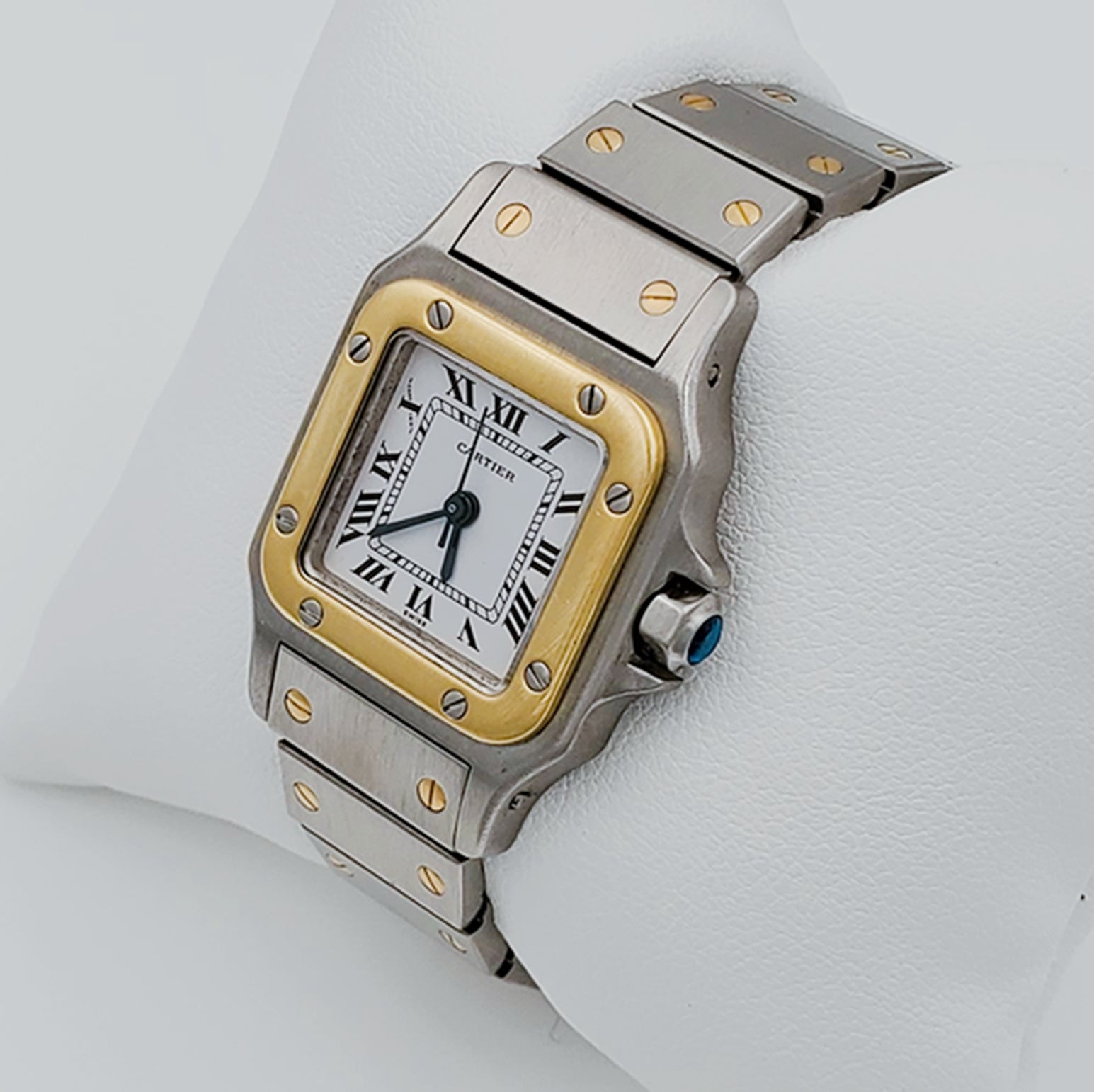 Ladies Medium Cartier Santos Watch in 18K Yellow Gold and Stainless Steel with White Dial. (Pre-Owned)