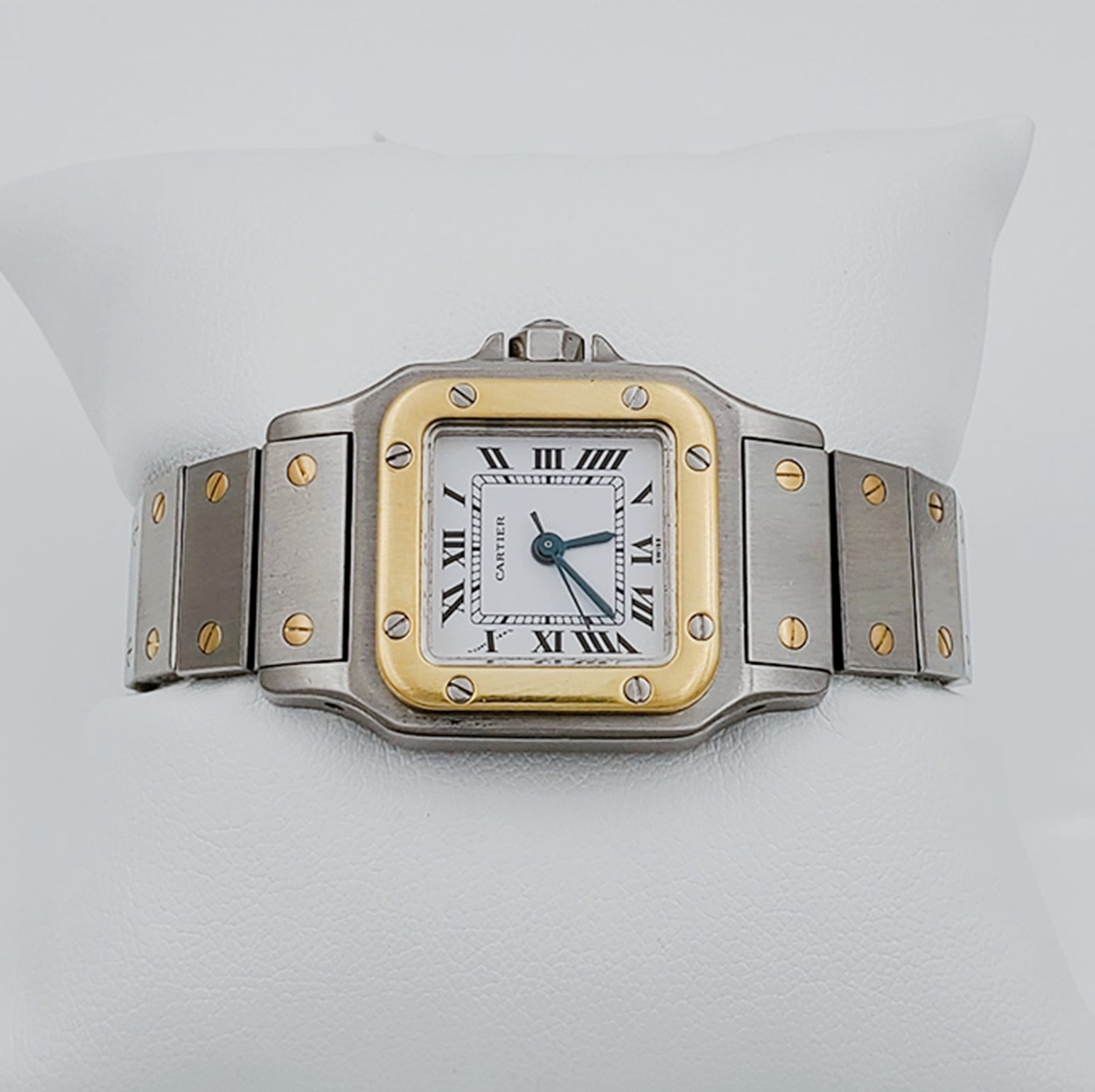 Ladies Medium Cartier Santos Watch in 18K Yellow Gold and Stainless Steel with White Dial. (Pre-Owned)