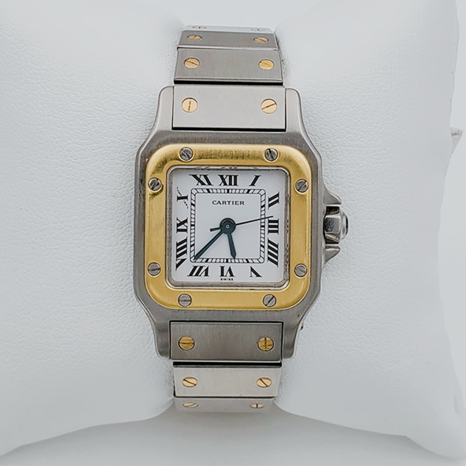 Ladies Medium Cartier Santos Watch in 18K Yellow Gold and Stainless Steel with White Dial. (Pre-Owned)