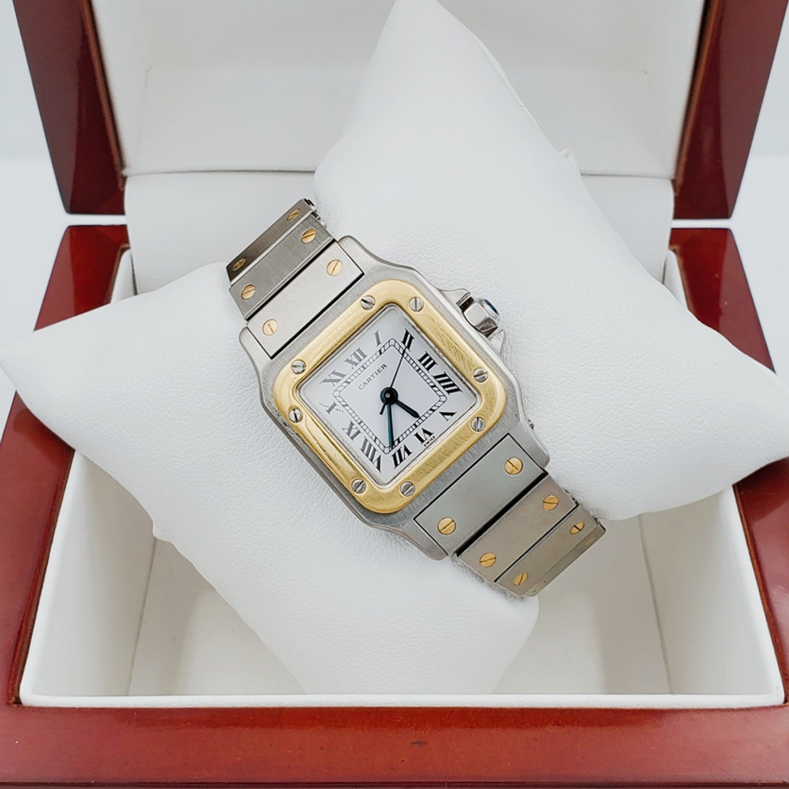 Ladies Medium Cartier Santos Watch in 18K Yellow Gold and Stainless Steel with White Dial. (Pre-Owned)