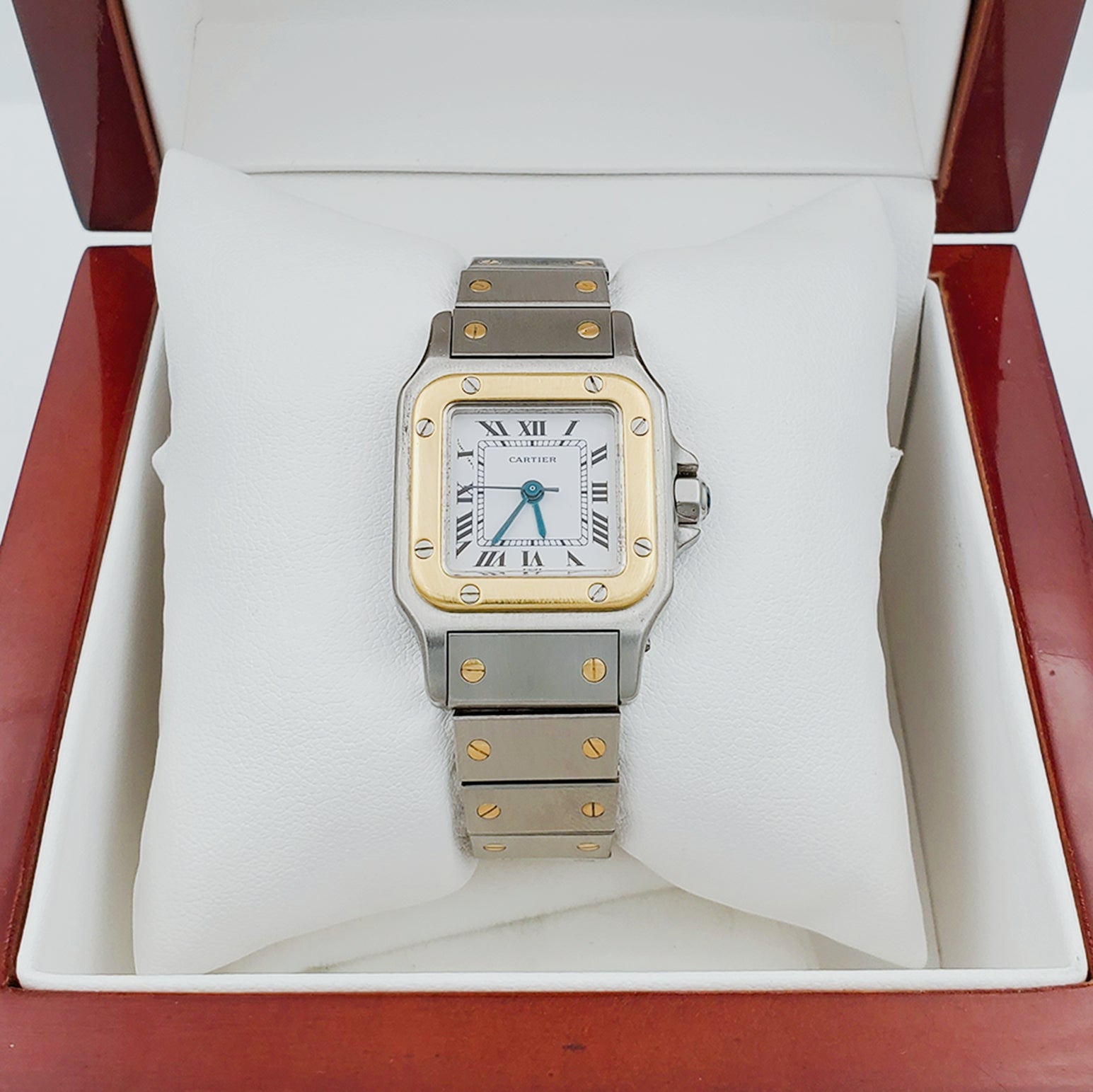 Ladies Medium Cartier Santos Watch in 18K Yellow Gold and Stainless Steel with White Dial. (Pre-Owned)