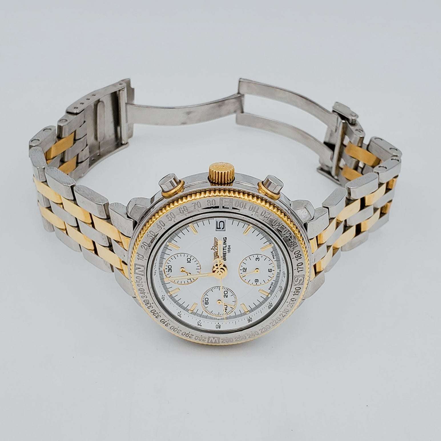 Men's Breitling D20405 Tachymeter 40mm 18K Yellow Gold / Stainless Steel Watch with White Dial and Gold Bezel. (Pre-Owned)