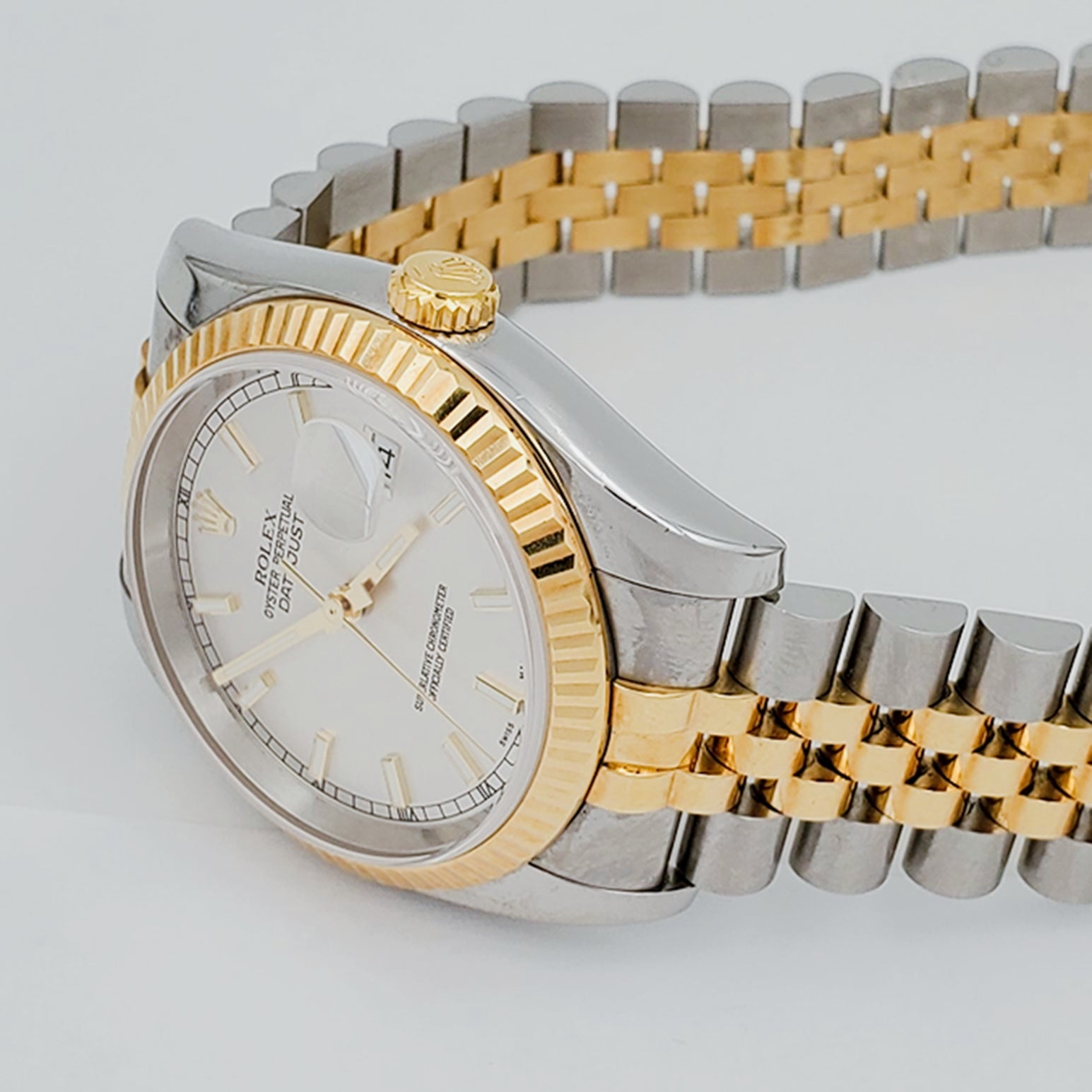 Men's Rolex 36mm DateJust 18K Yellow Gold / Stainless Steel Watch with Silver Dial, Jubilee Bracelet and Fluted Bezel. (Pre-Owned 112633)