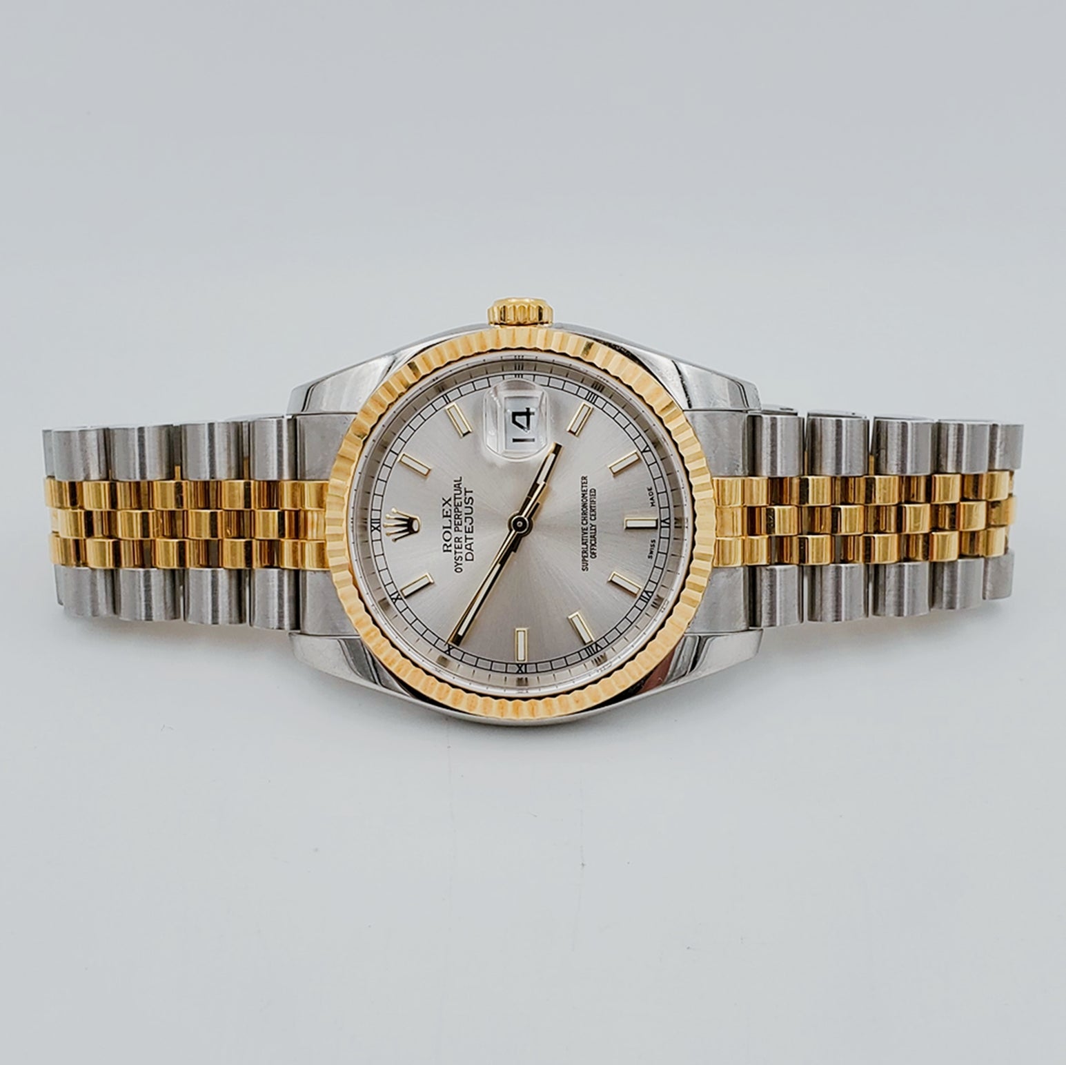 Men's Rolex 36mm DateJust 18K Yellow Gold / Stainless Steel Watch with Silver Dial, Jubilee Bracelet and Fluted Bezel. (Pre-Owned 112633)