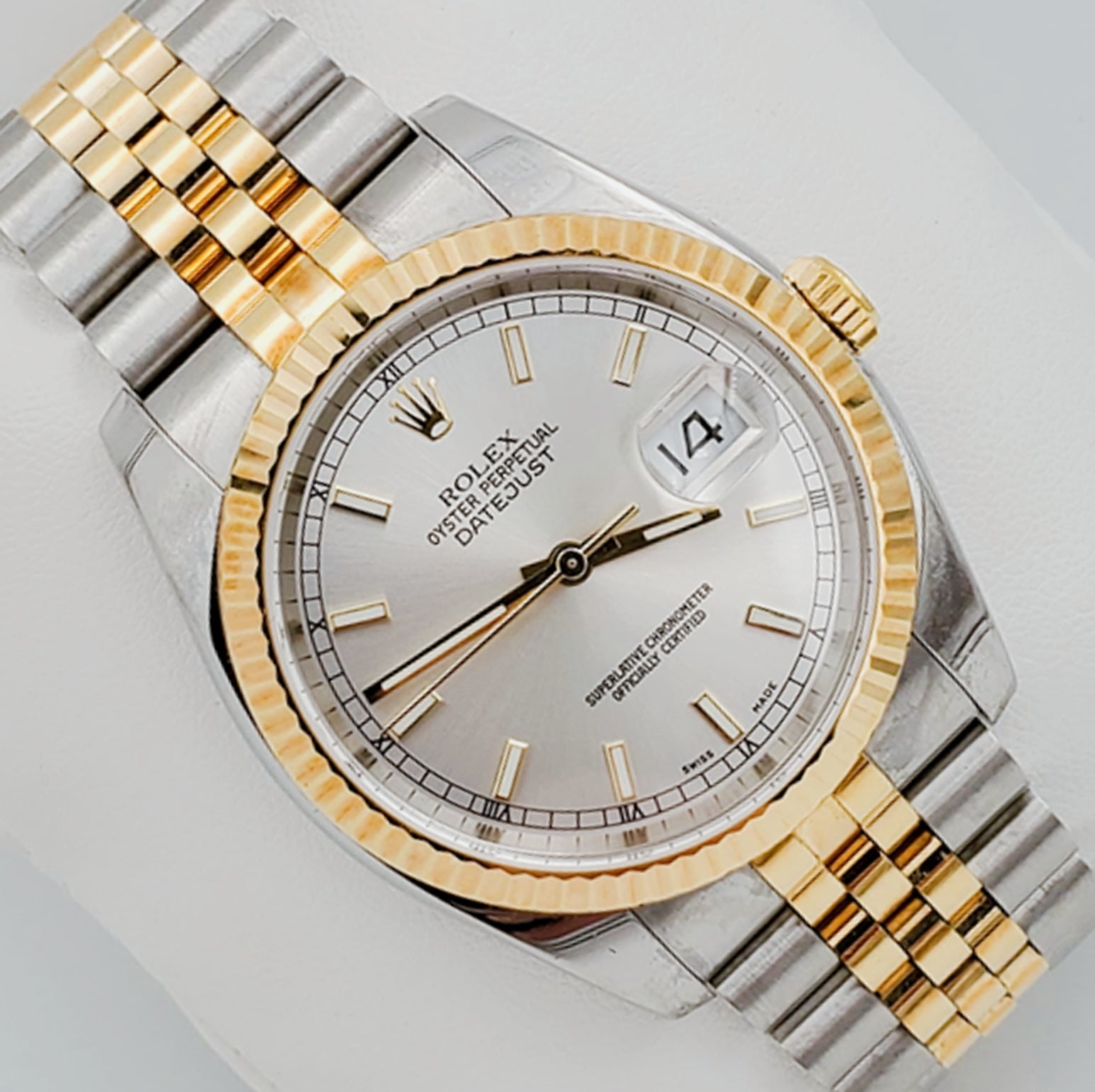 Men's Rolex 36mm DateJust 18K Yellow Gold / Stainless Steel Watch with Silver Dial, Jubilee Bracelet and Fluted Bezel. (Pre-Owned 112633)