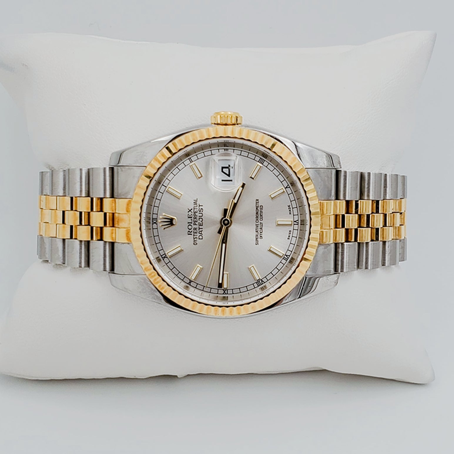 Men's Rolex 36mm DateJust 18K Yellow Gold / Stainless Steel Watch with Silver Dial, Jubilee Bracelet and Fluted Bezel. (Pre-Owned 112633)