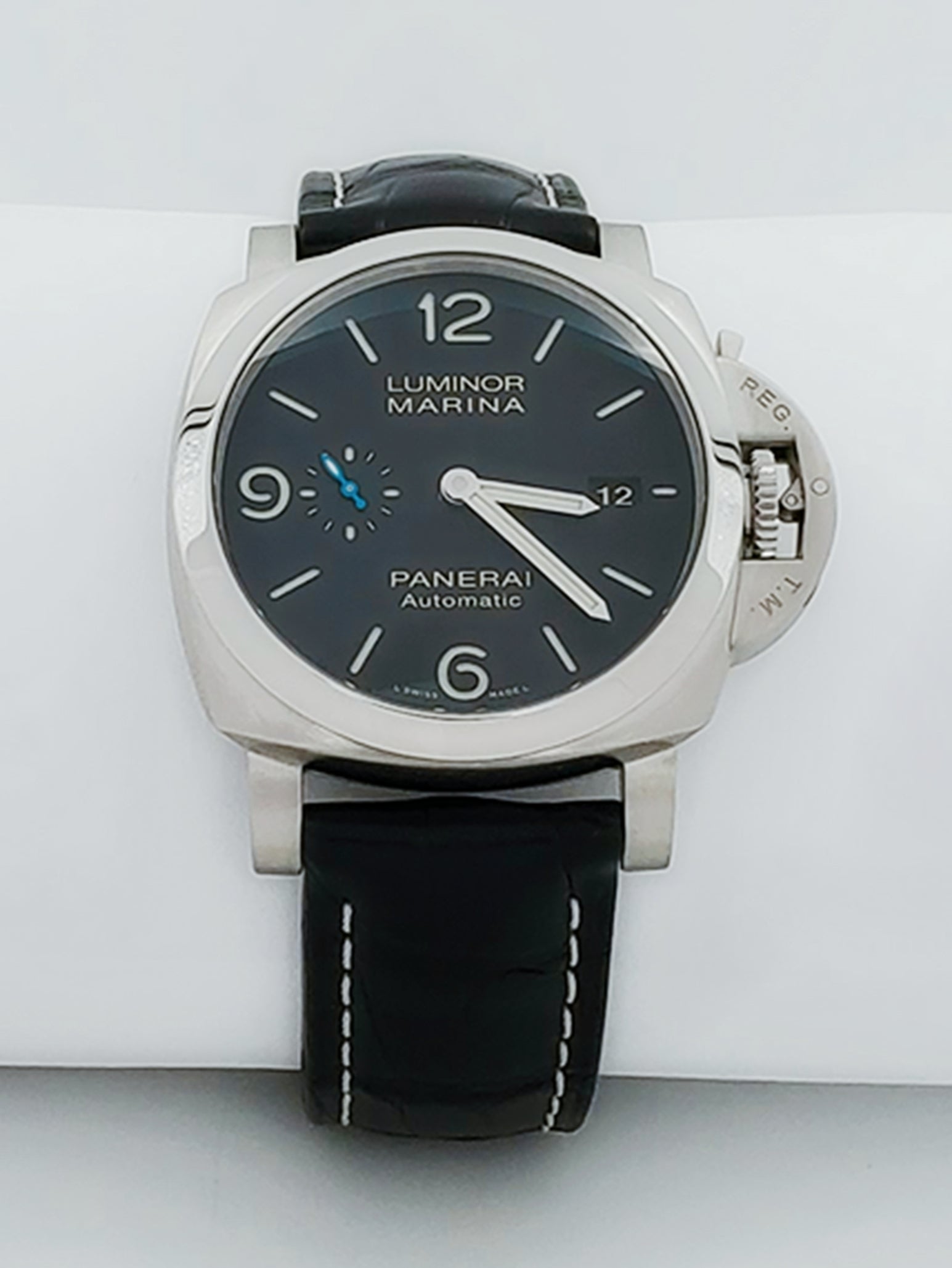 Men's Panerai 44mm Luminor Marina 1950 Automatic Watch with Black Dial and Leather Band. (Pre-Owned PAM01312)