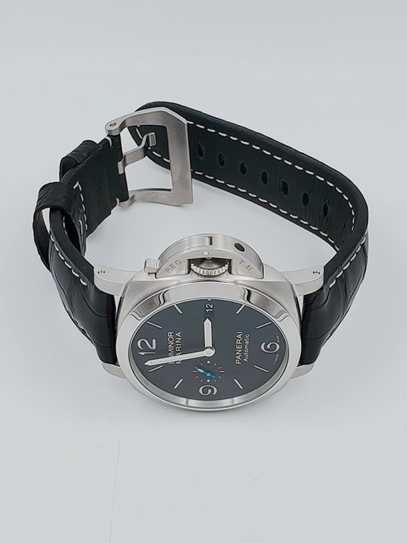 Men's Panerai 44mm Luminor Marina 1950 Automatic Watch with Black Dial and Leather Band. (Pre-Owned PAM01312)