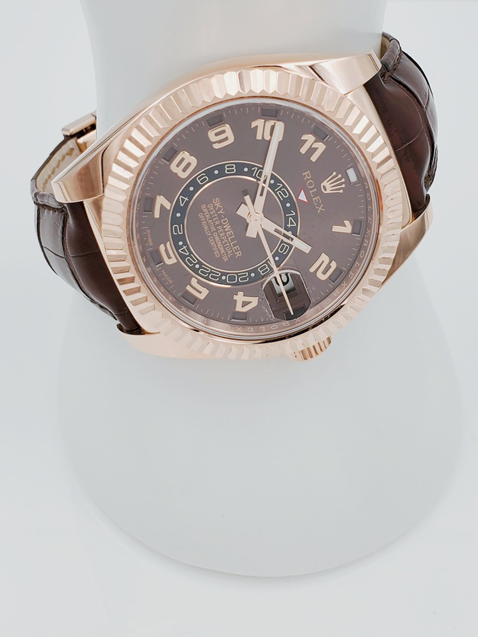 Men's Rolex 42mm Sky-Dweller Oyster Perpetual Watch with 18K Everose Gold, Chocolate Dial and Brown Leather Bracelet. (NEW 326135)