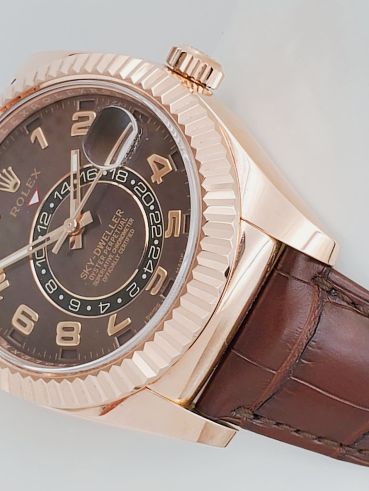 Men's Rolex 42mm Sky-Dweller Oyster Perpetual Watch with 18K Everose Gold, Chocolate Dial and Brown Leather Bracelet. (NEW 326135)