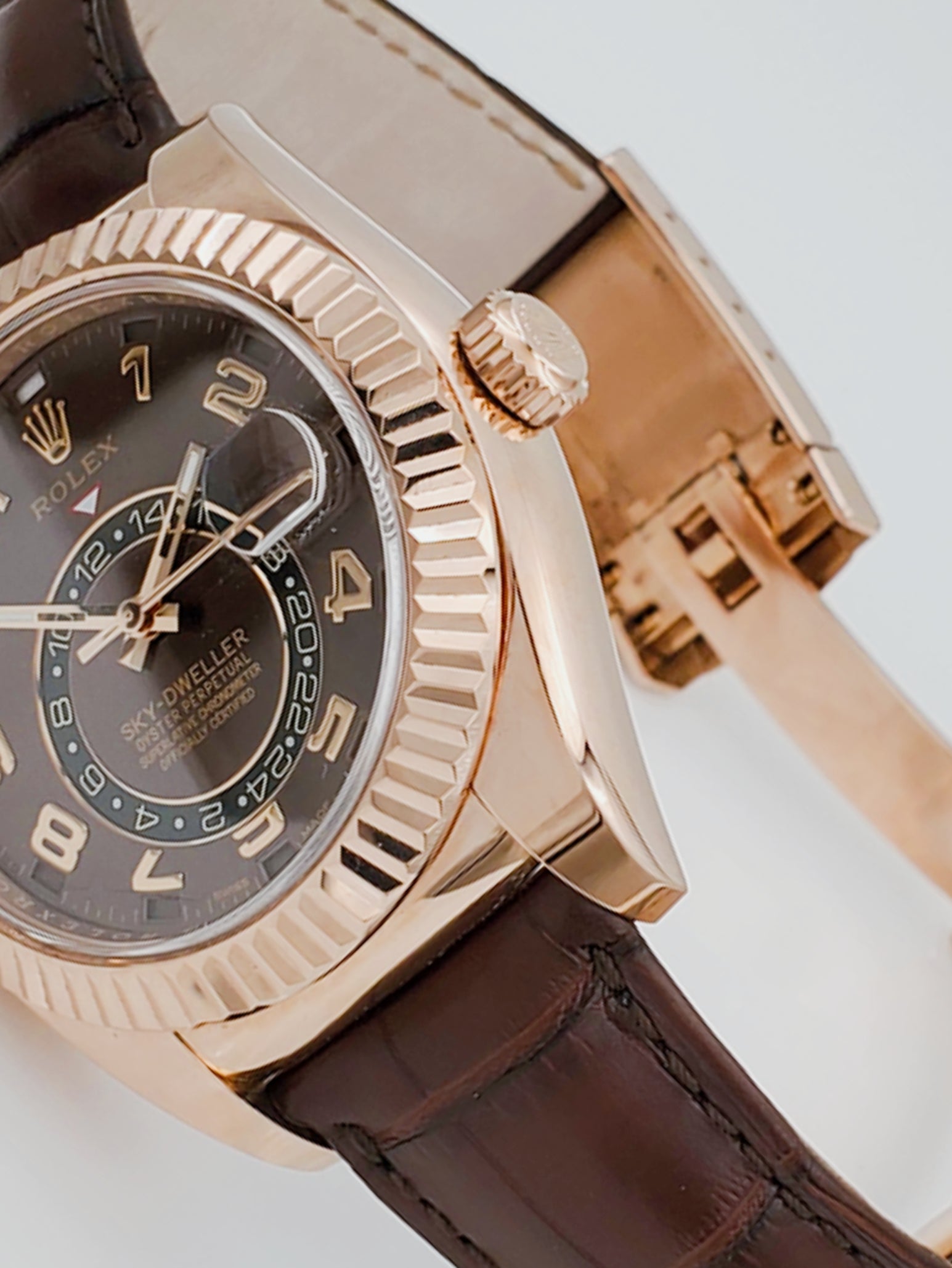 Men's Rolex 42mm Sky-Dweller Oyster Perpetual Watch with 18K Everose Gold, Chocolate Dial and Brown Leather Bracelet. (NEW 326135)