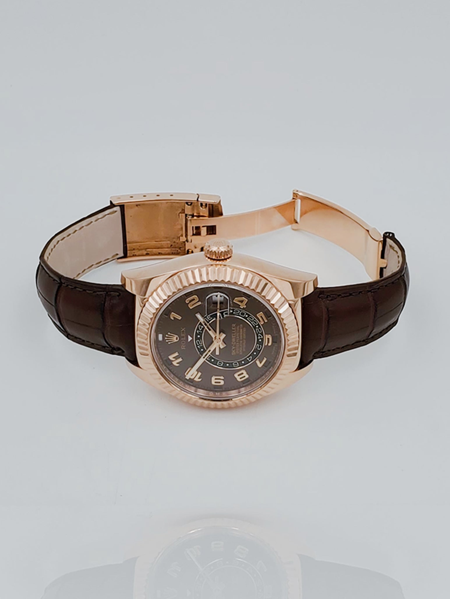 Men's Rolex 42mm Sky-Dweller Oyster Perpetual Watch with 18K Everose Gold, Chocolate Dial and Brown Leather Bracelet. (NEW 326135)