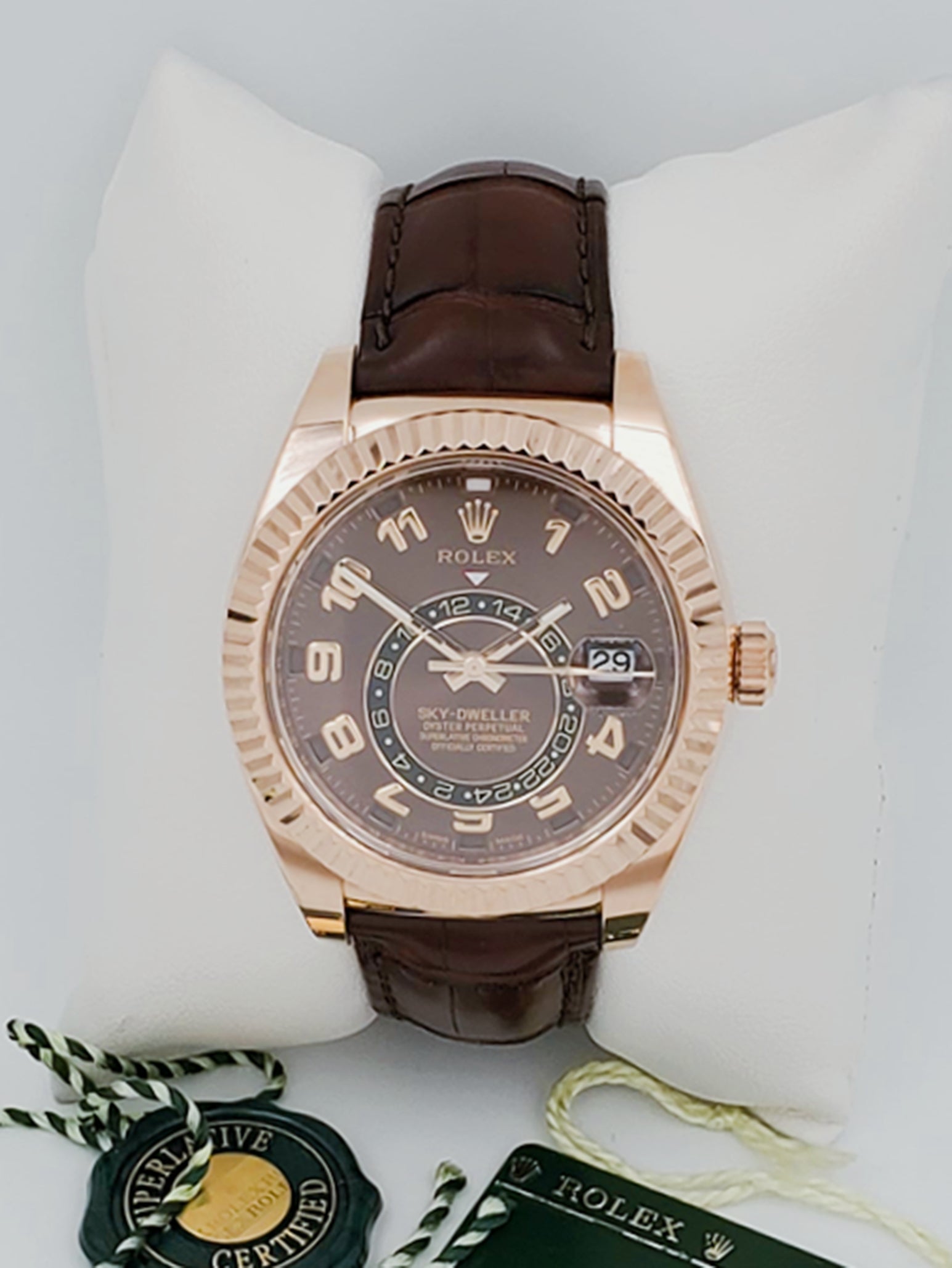 Men's Rolex 42mm Sky-Dweller Oyster Perpetual Watch with 18K Everose Gold, Chocolate Dial and Brown Leather Bracelet. (NEW 326135)