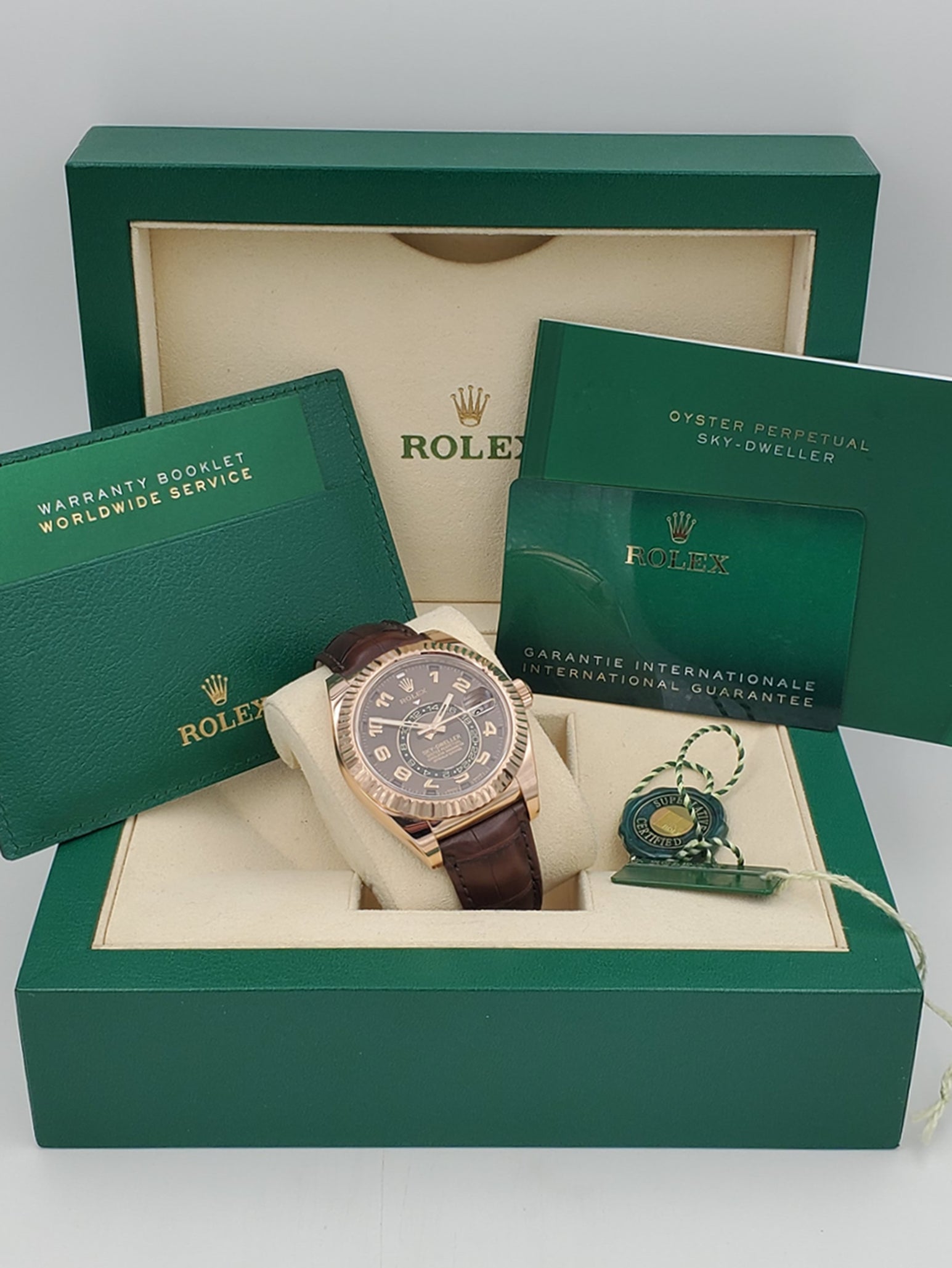 Men's Rolex 42mm Sky-Dweller Oyster Perpetual Watch with 18K Everose Gold, Chocolate Dial and Brown Leather Bracelet. (NEW 326135)