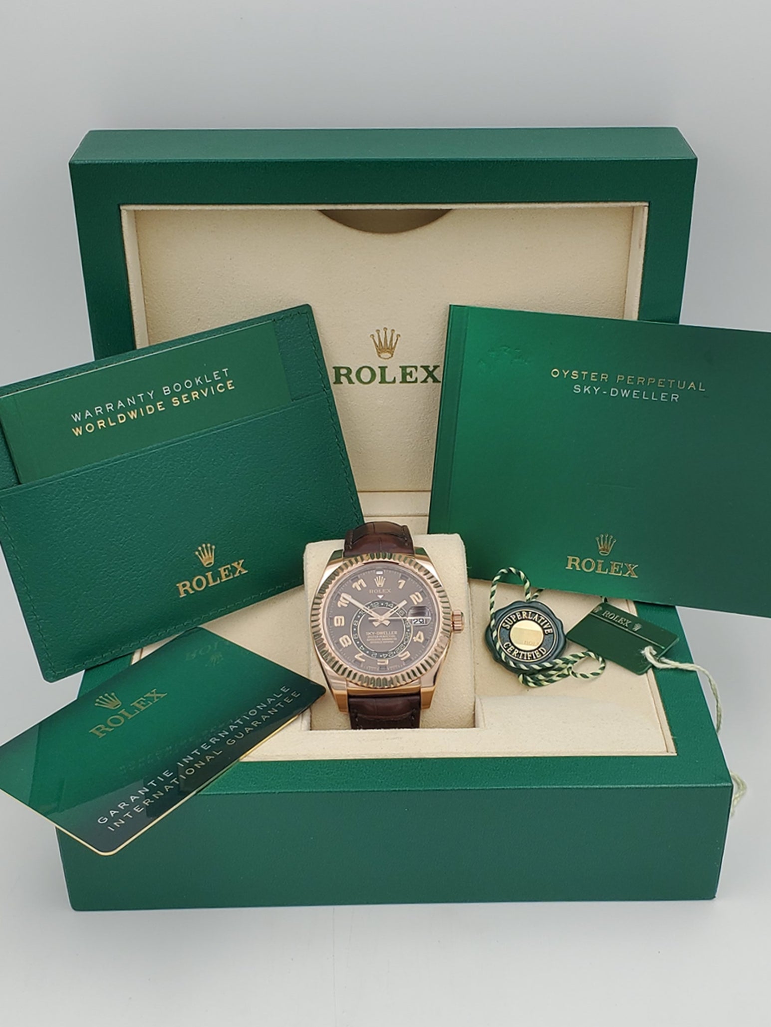 Men's Rolex 42mm Sky-Dweller Oyster Perpetual Watch with 18K Everose Gold, Chocolate Dial and Brown Leather Bracelet. (NEW 326135)