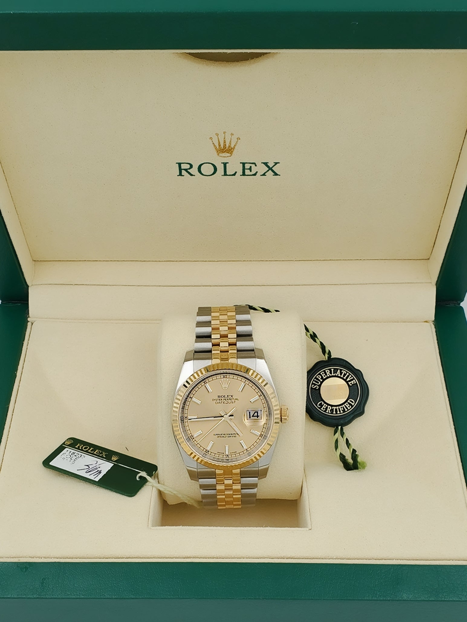 Men's Rolex 38mm DateJust 18K Yellow Gold / Stainless Steel Two Tone Watch with Champagne Dial and Fluted Bezel. (Pre-Owned 16233)