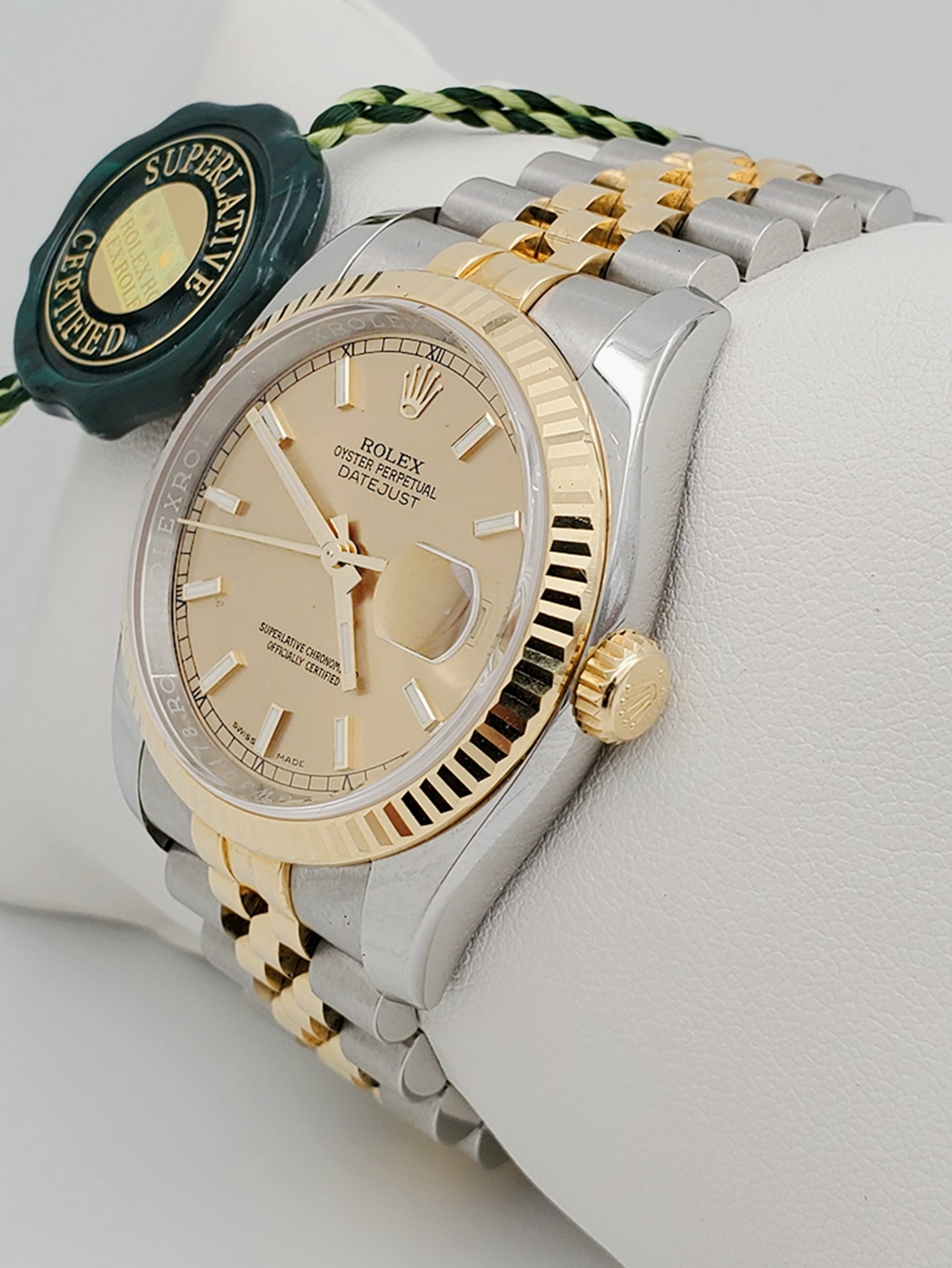 Men's Rolex 38mm DateJust 18K Yellow Gold / Stainless Steel Two Tone Watch with Champagne Dial and Fluted Bezel. (Pre-Owned 16233)