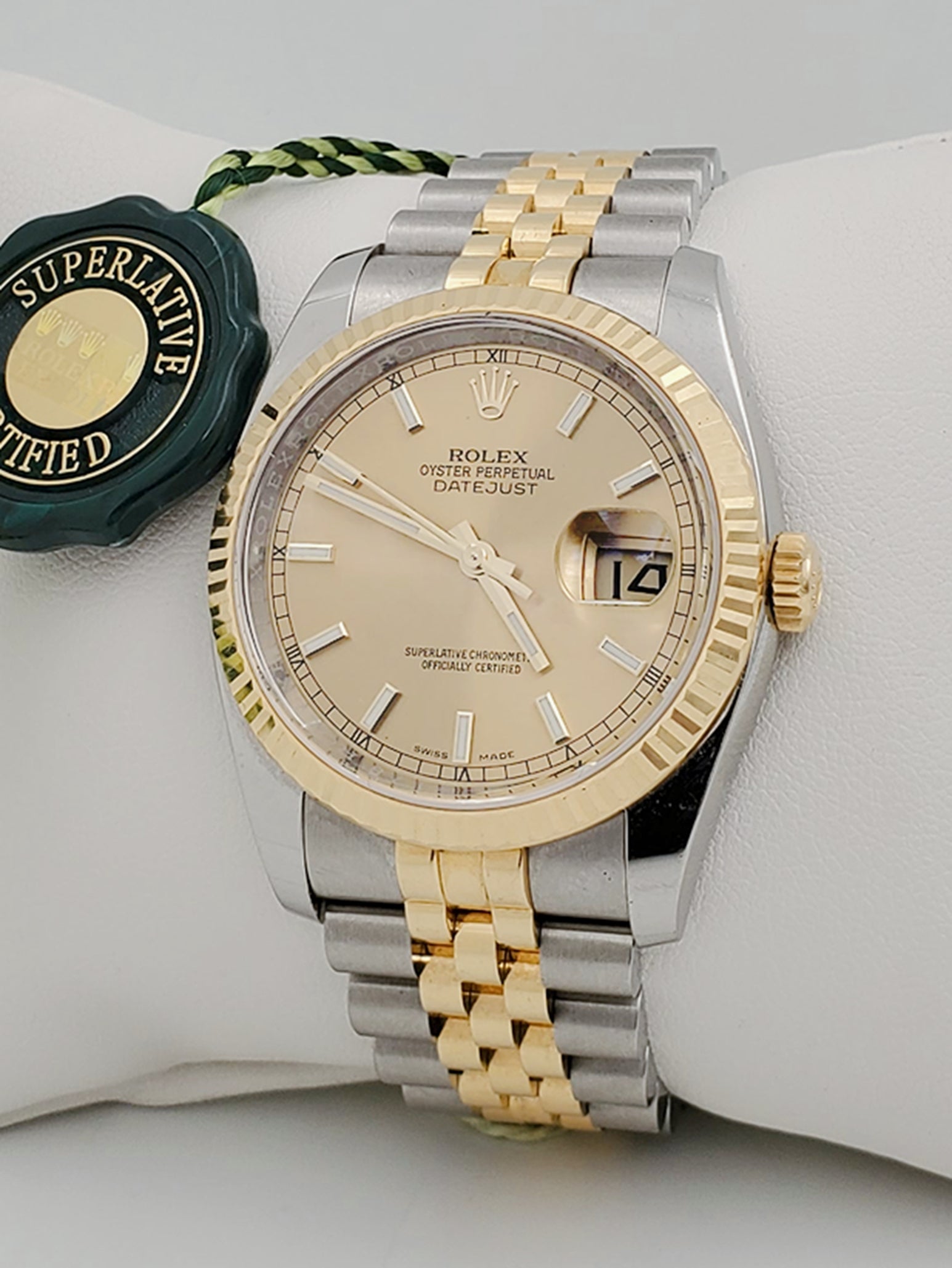 Men's Rolex 38mm DateJust 18K Yellow Gold / Stainless Steel Two Tone Watch with Champagne Dial and Fluted Bezel. (Pre-Owned 16233)