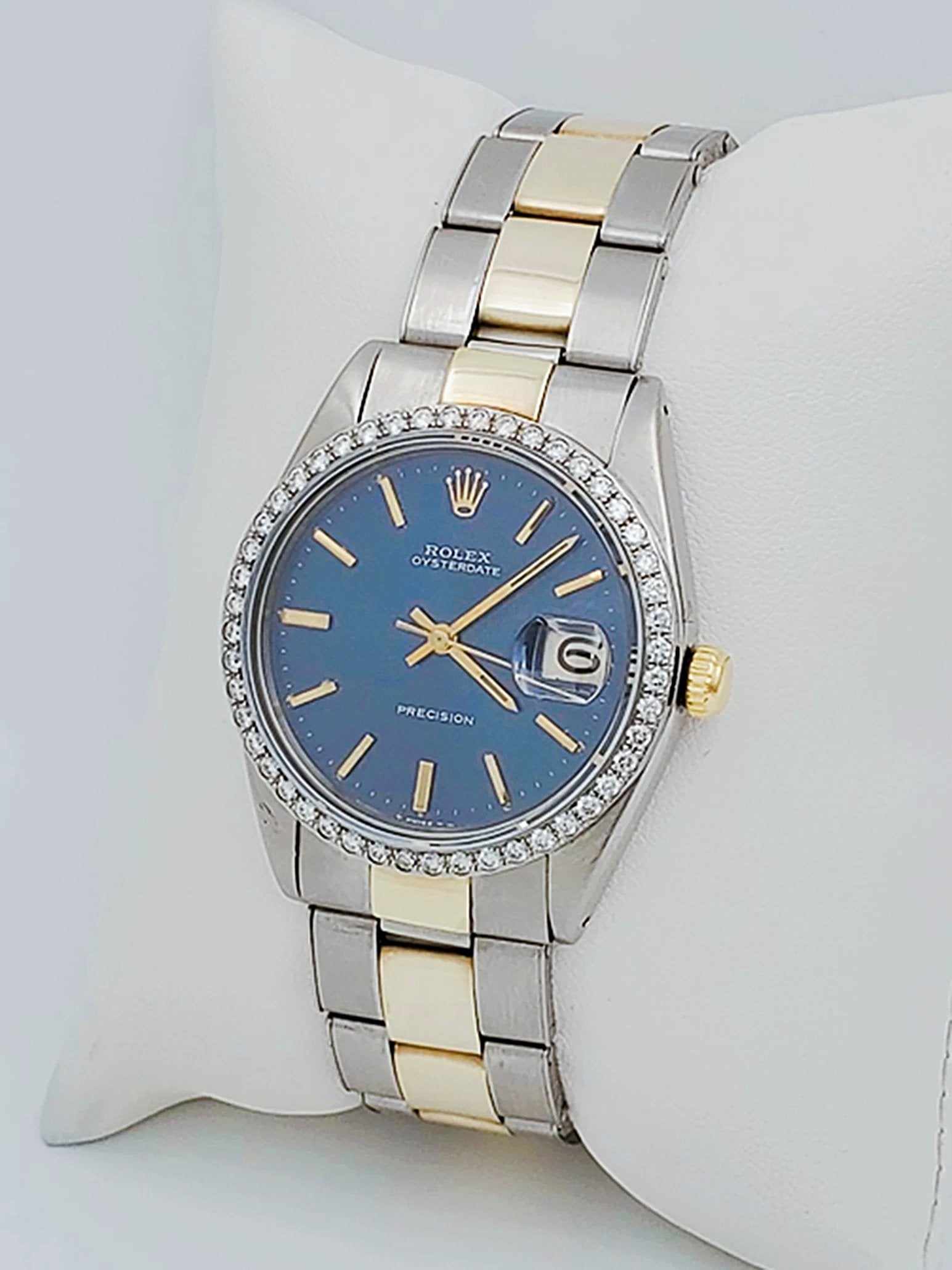 Unisex Rolex OysterDate 34mm Two Tone 14K Yellow Gold / Stainless Steel Watch with Blue Dial and Custom Diamond Bezel. (Pre-Owned 6694)