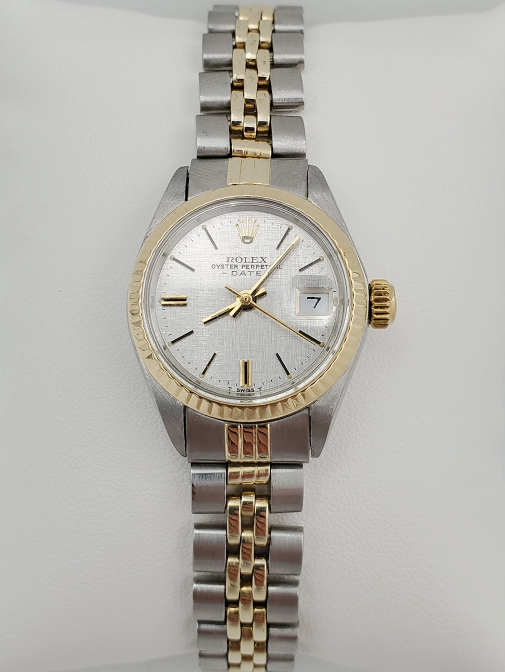 Ladies Rolex 26mm Date Vintage Two Tone 14K Yellow Gold / Stainless Steel Watch with Silver Dial and Fluted Bezel. (Pre-Owned)